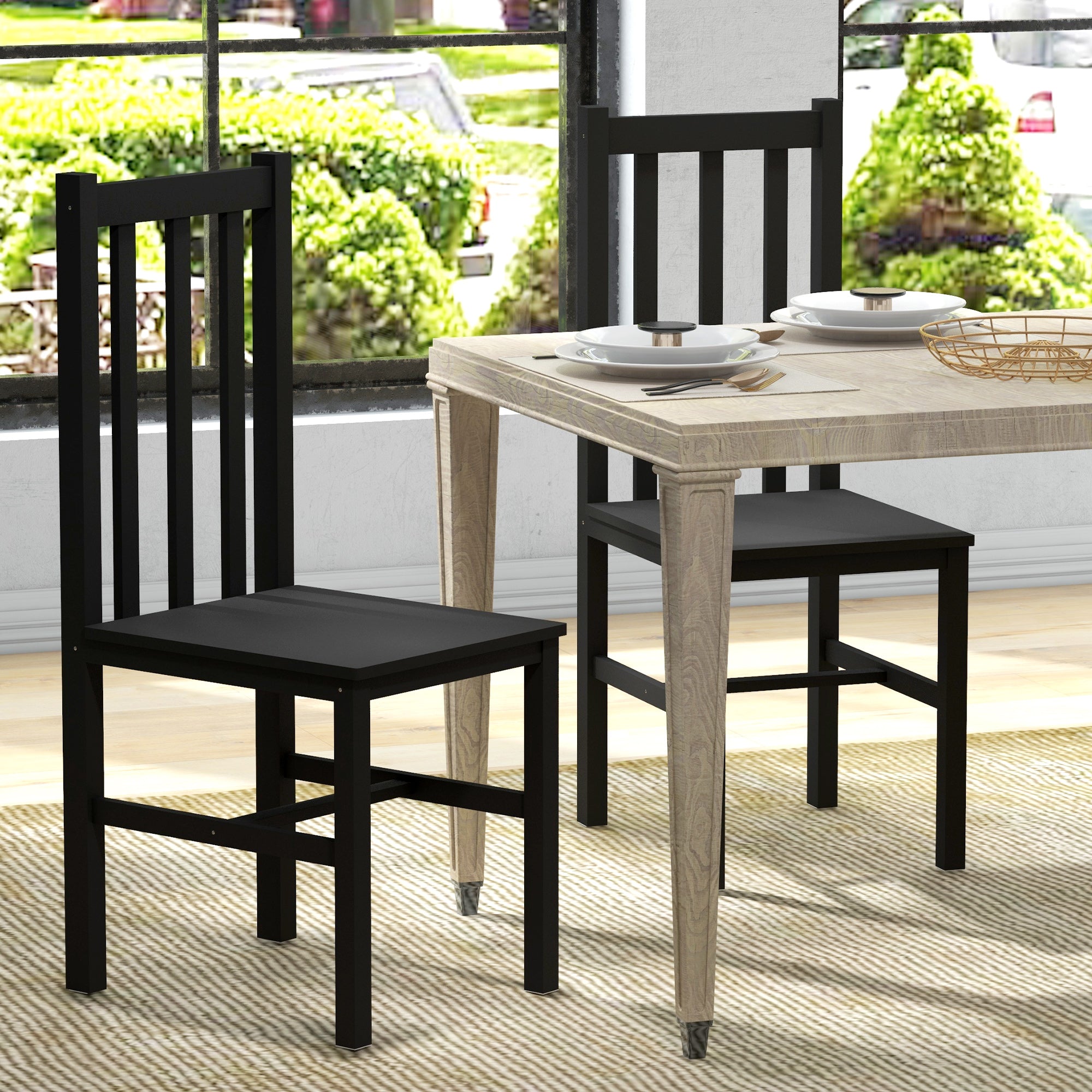 Farmhouse Dining Table Chairs, Set of 4 Pine Wood Kitchen Chairs w/ Slat Back, Black