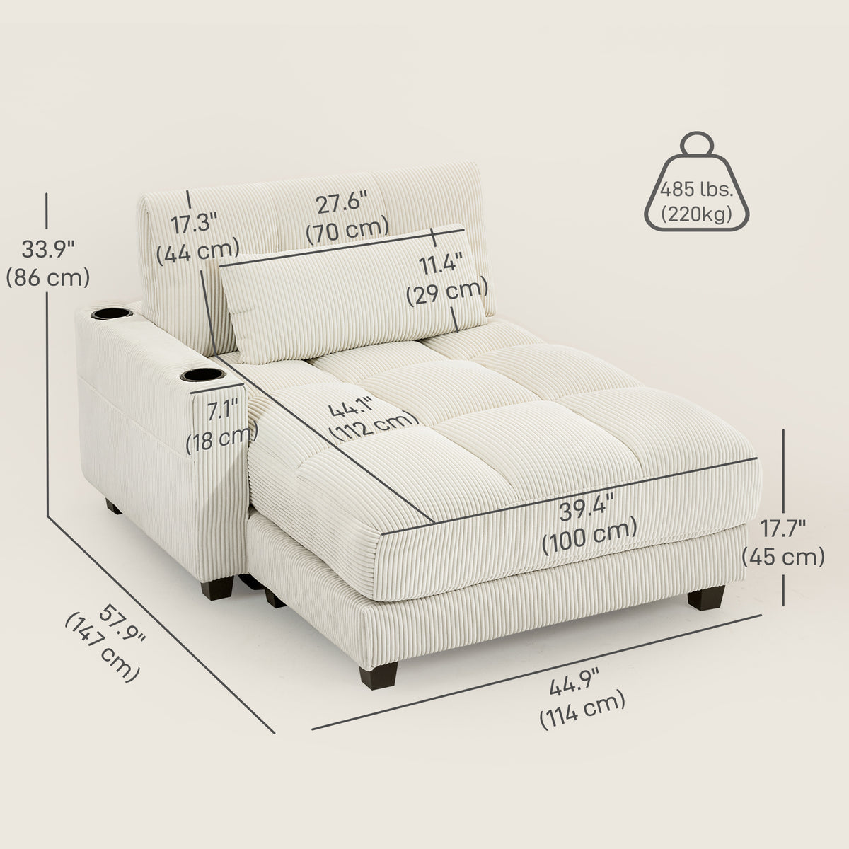 58" Chaise Lounge Chair Indoor, Oversized Corduroy Upholstered Sofa Bed, 2 Cup Holders, Pillow, Deep Seat Sleeper Couch Reading Chair for Living Room, Bedroom, Cream White
