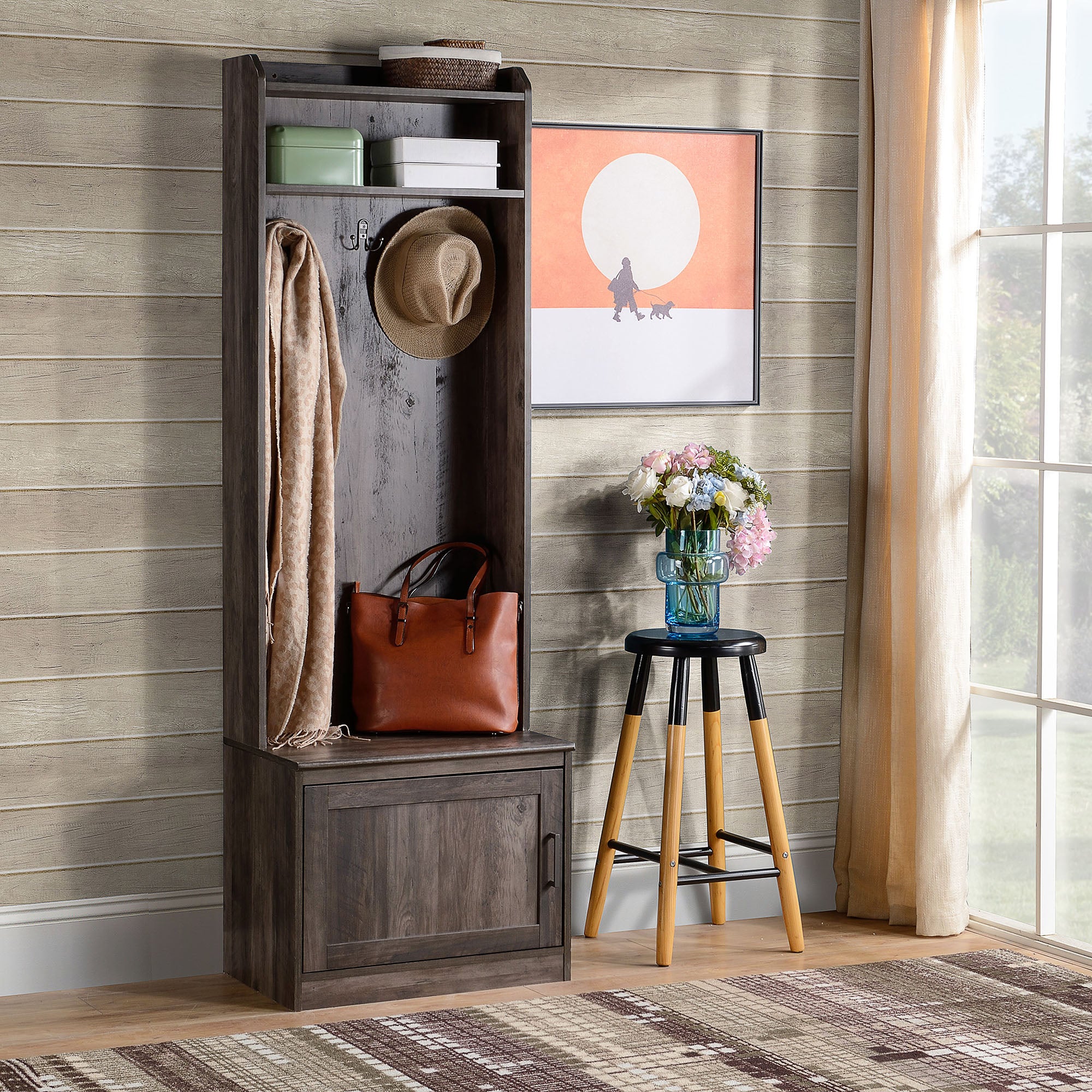 Narrow Hall Tree with Shoe Storage Bench Rustic Entryway Bench with Coat Rack Brown