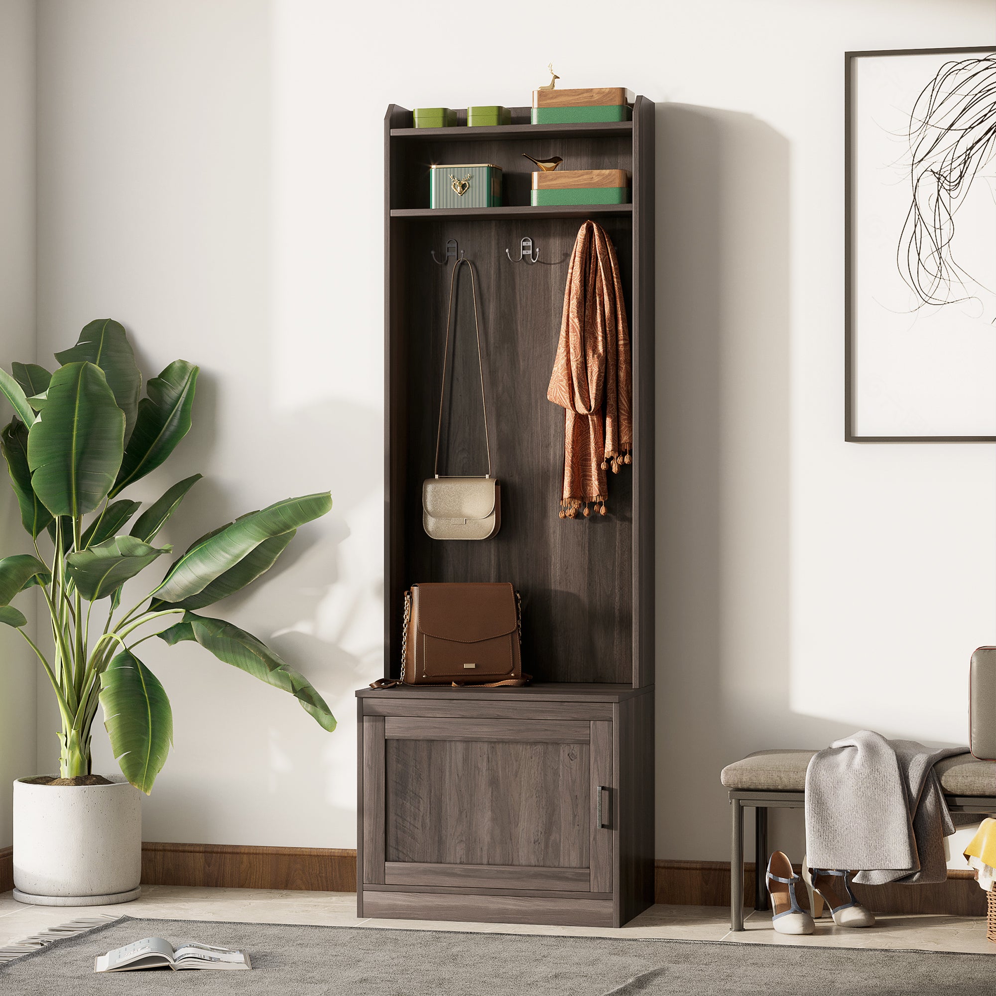 Narrow Hall Tree with Shoe Storage Bench Rustic Entryway Bench with Coat Rack Brown