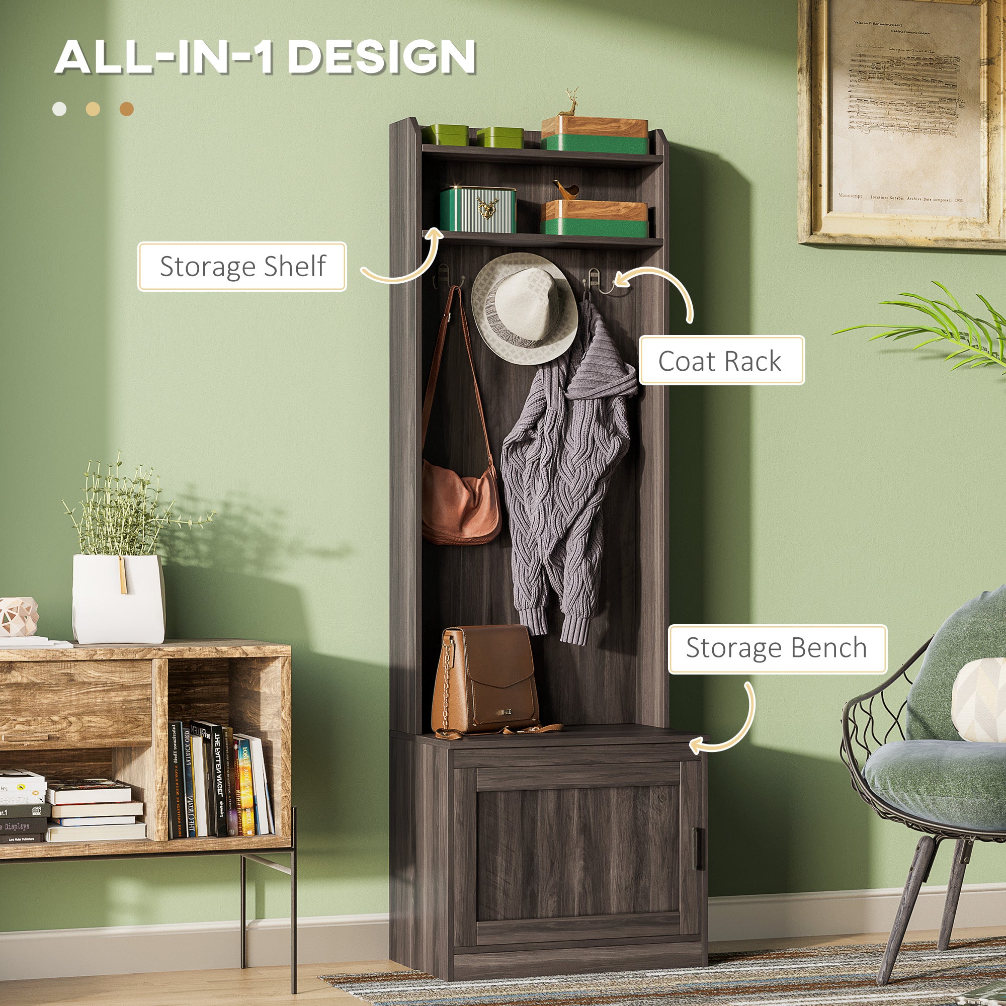 Narrow Hall Tree with Shoe Storage Bench Rustic Entryway Bench with Coat Rack Brown