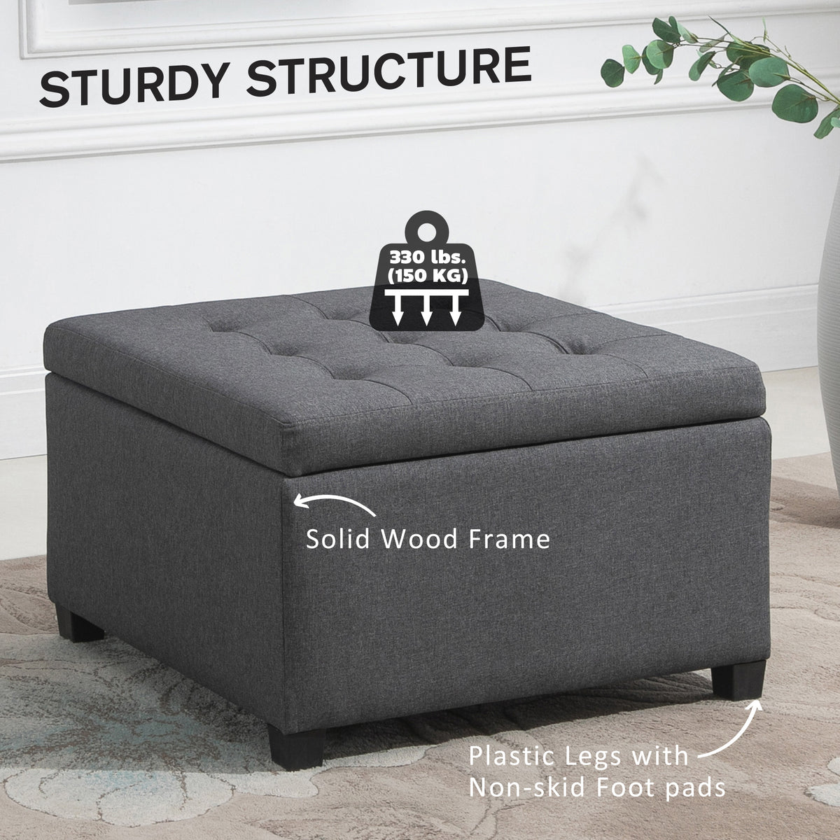 Linen-touch Tufted Storage Ottoman Upholstered Accent Bench Seat Cube Storage Box Footrest Stool, Dark Grey