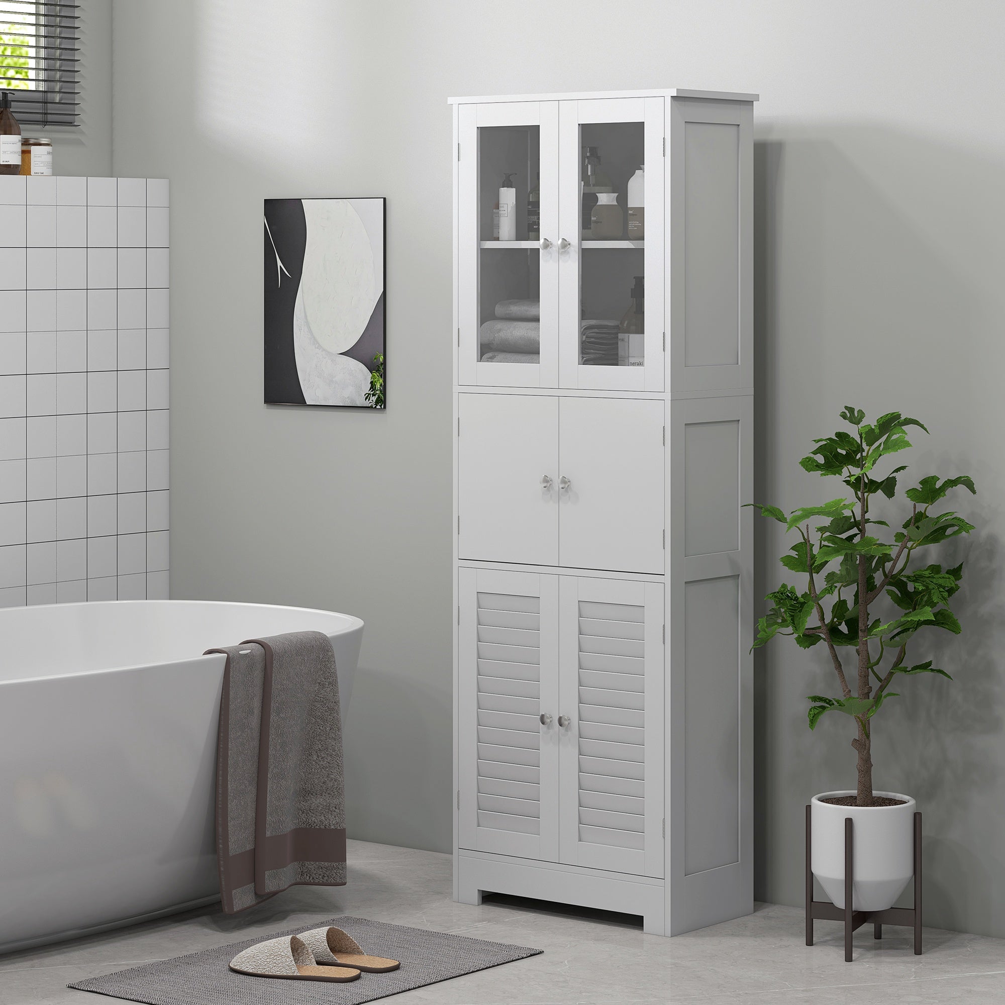 HOMCOM Tall Bathroom Cabinet, Bathroom Storage Cabinet With Glass/Louvred Doors and Adjustable Shelf, Linen Cabinet for Kitchen, Study, Living Room, White