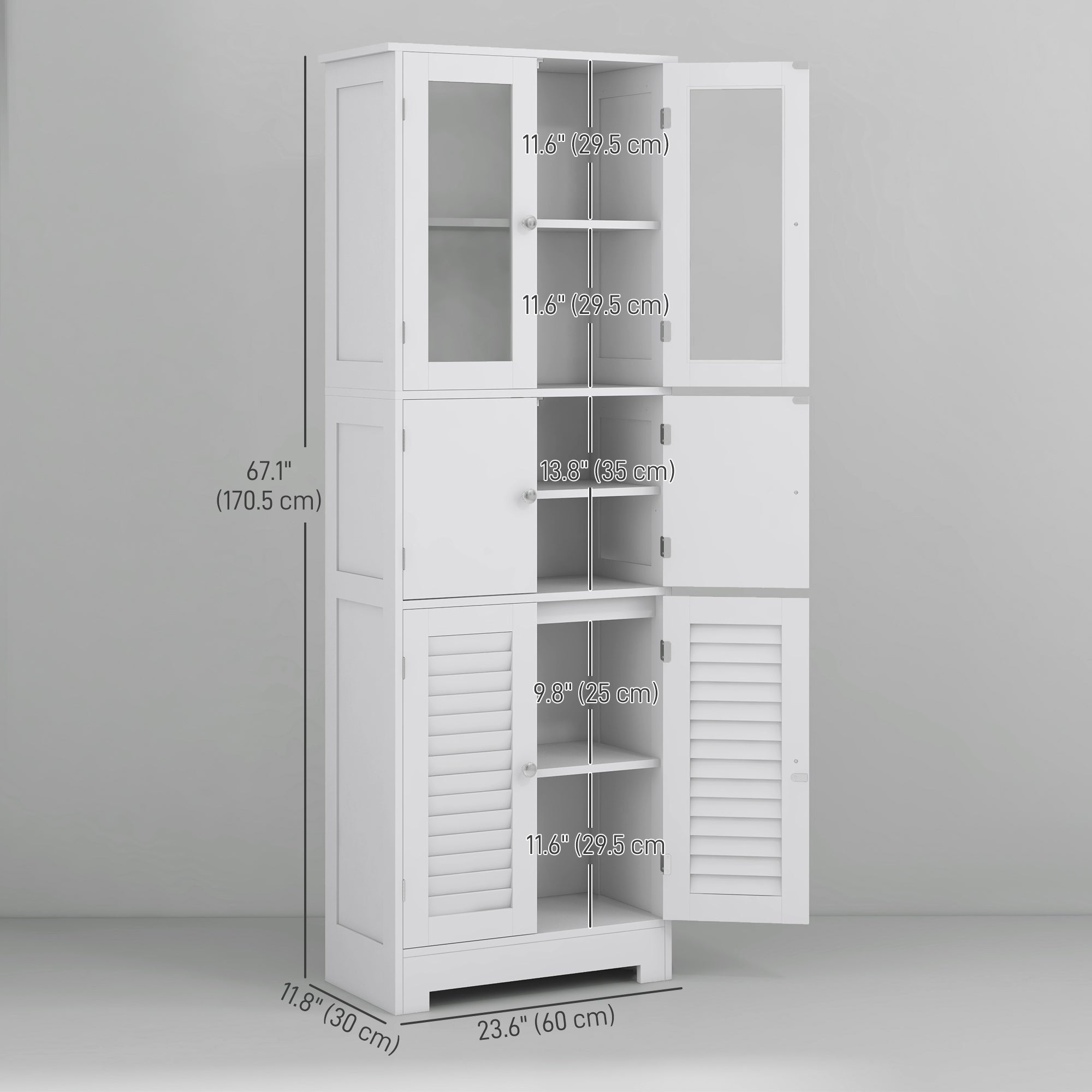 HOMCOM Tall Bathroom Cabinet, Bathroom Storage Cabinet With Glass/Louvred Doors and Adjustable Shelf, Linen Cabinet for Kitchen, Study, Living Room, White