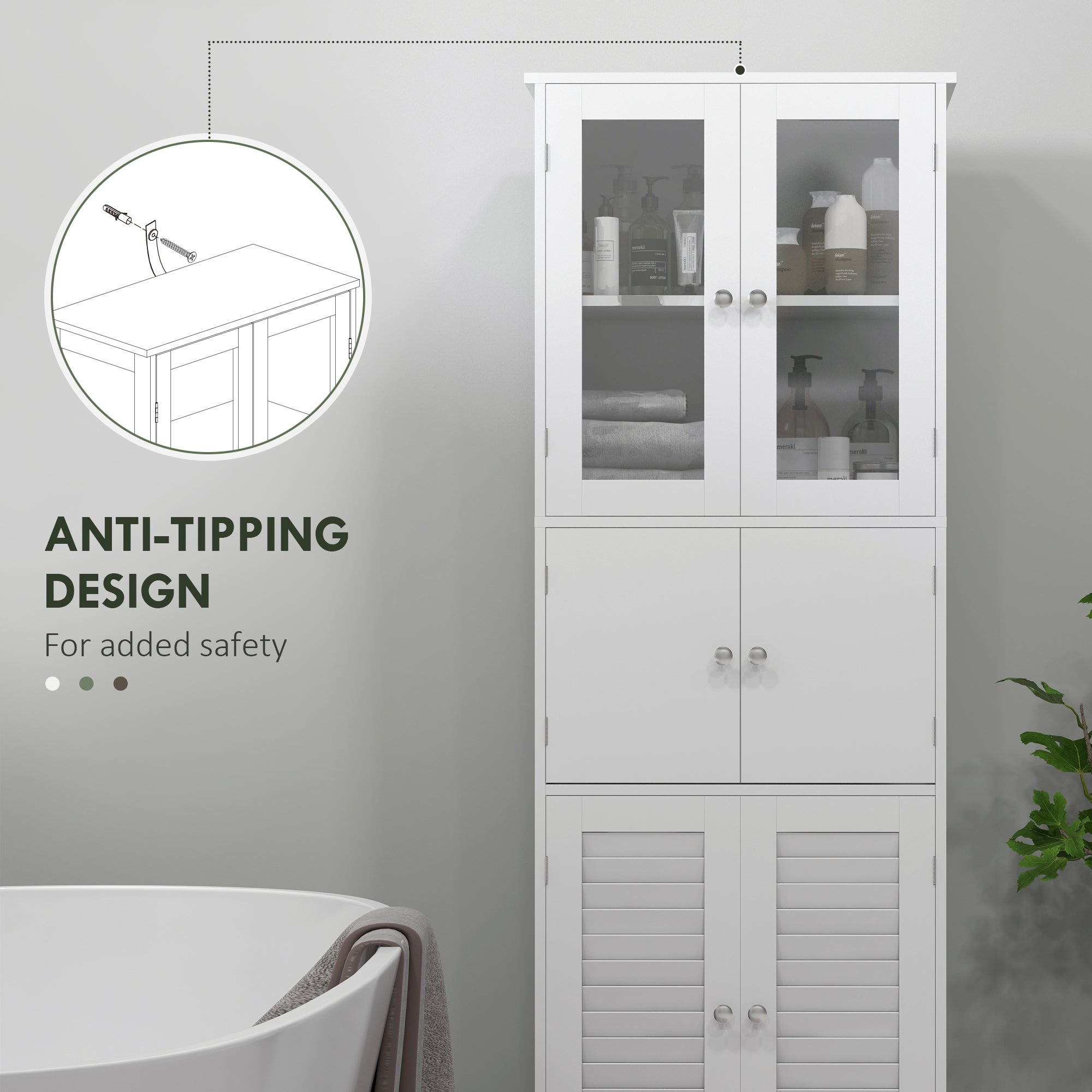 HOMCOM Tall Bathroom Cabinet, Bathroom Storage Cabinet With Glass/Louvred Doors and Adjustable Shelf, Linen Cabinet for Kitchen, Study, Living Room, White