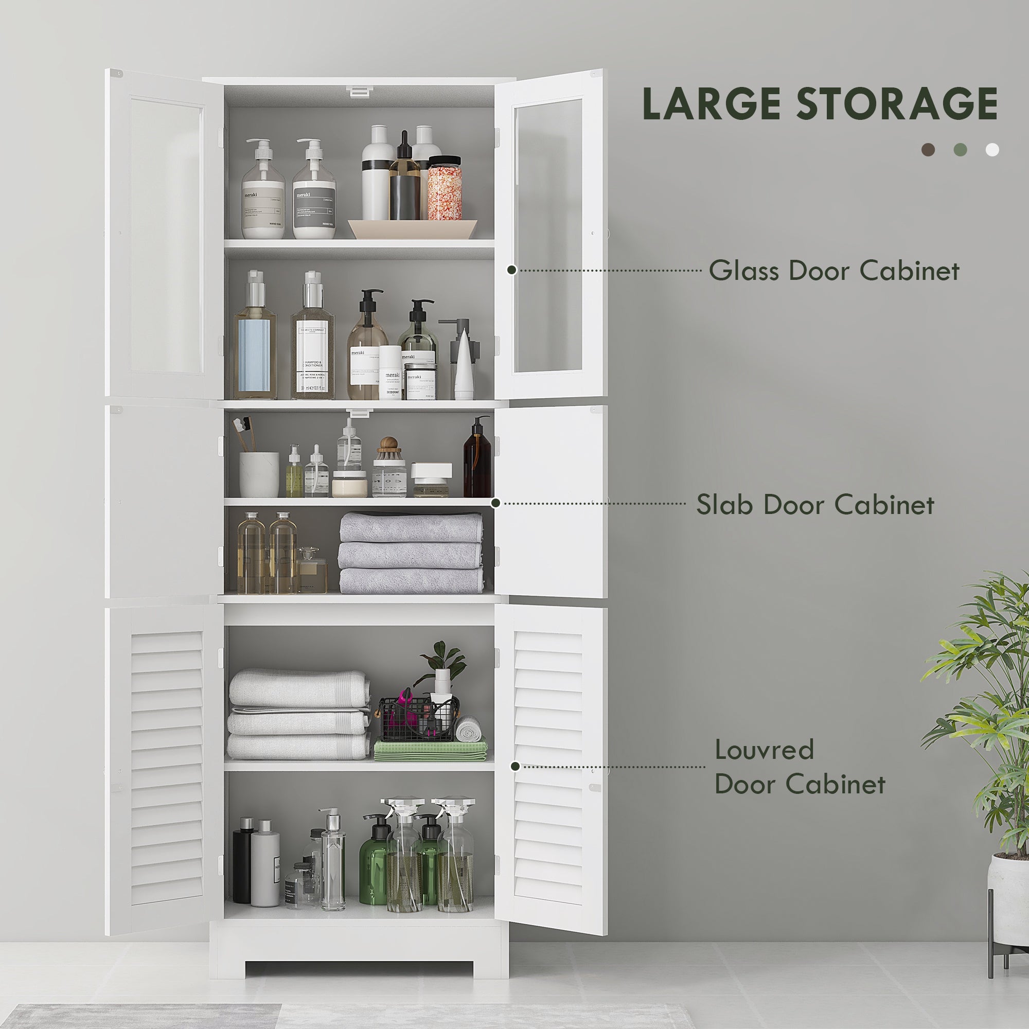 HOMCOM Tall Bathroom Cabinet, Bathroom Storage Cabinet With Glass/Louvred Doors and Adjustable Shelf, Linen Cabinet for Kitchen, Study, Living Room, White