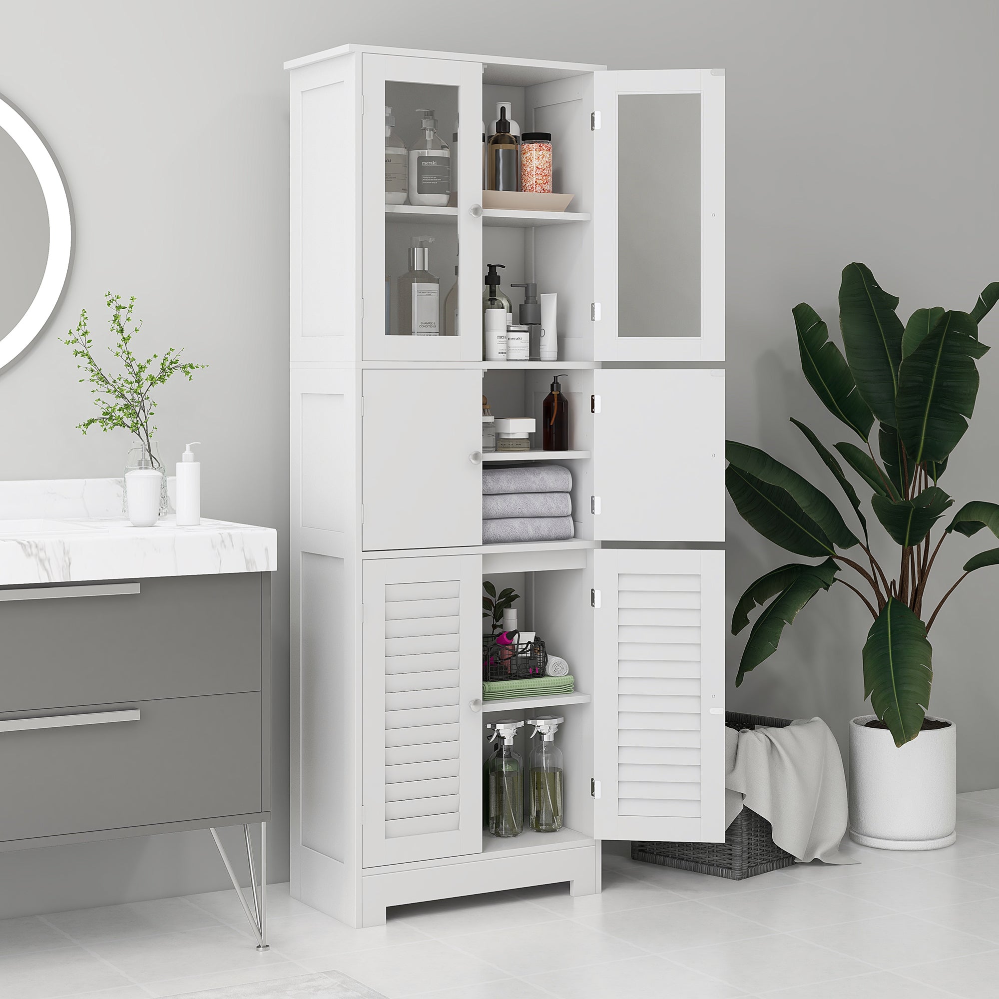 HOMCOM Tall Bathroom Cabinet, Bathroom Storage Cabinet With Glass/Louvred Doors and Adjustable Shelf, Linen Cabinet for Kitchen, Study, Living Room, White