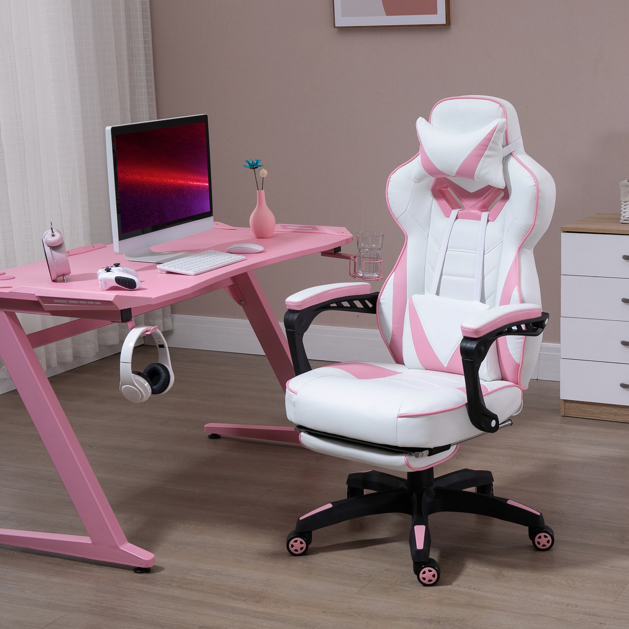 Vinsetto Computer Gaming Chair, Racing Desk Chair with Lumbar Support and Footrest, PU Leather Gamer Chair with Headrest and Swivel Wheels for Home, Pink