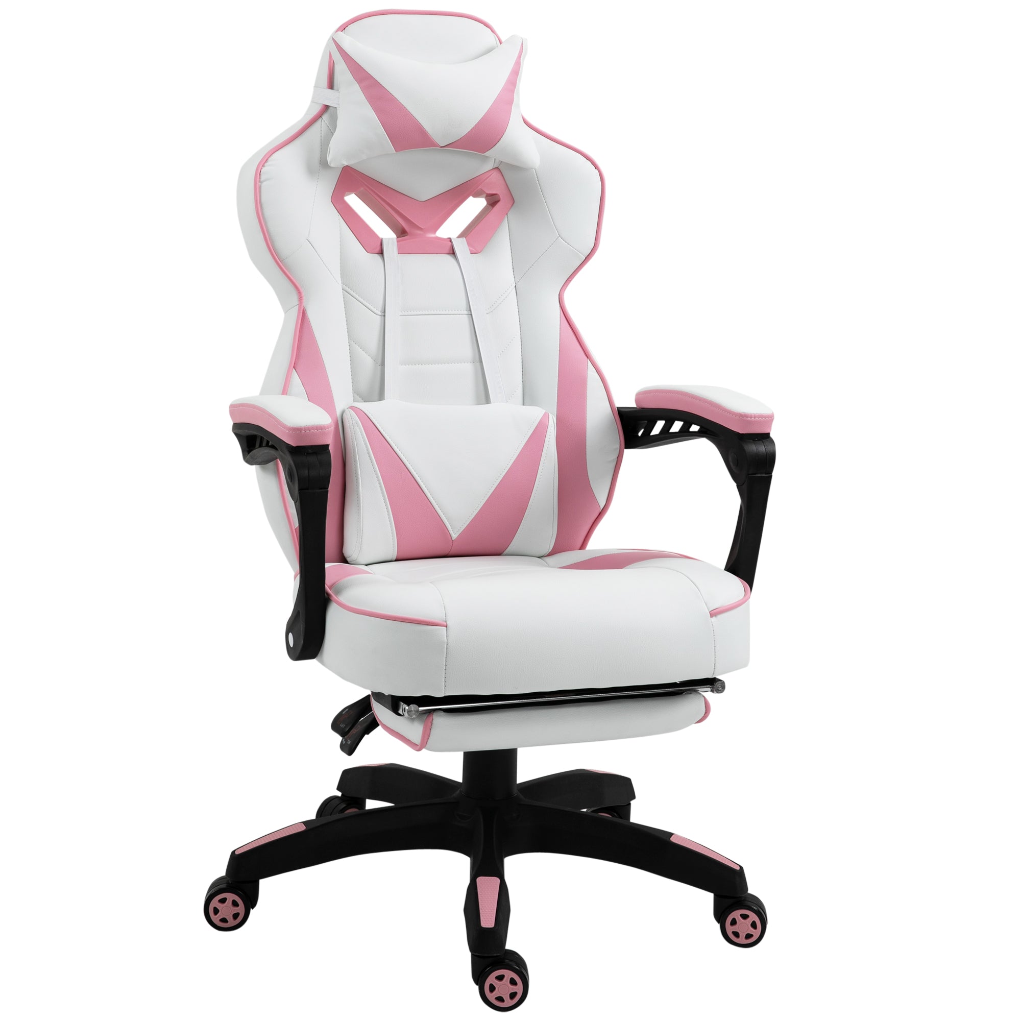 Vinsetto Computer Gaming Chair, Racing Desk Chair with Lumbar Support and Footrest, PU Leather Gamer Chair with Headrest and Swivel Wheels for Home, Pink