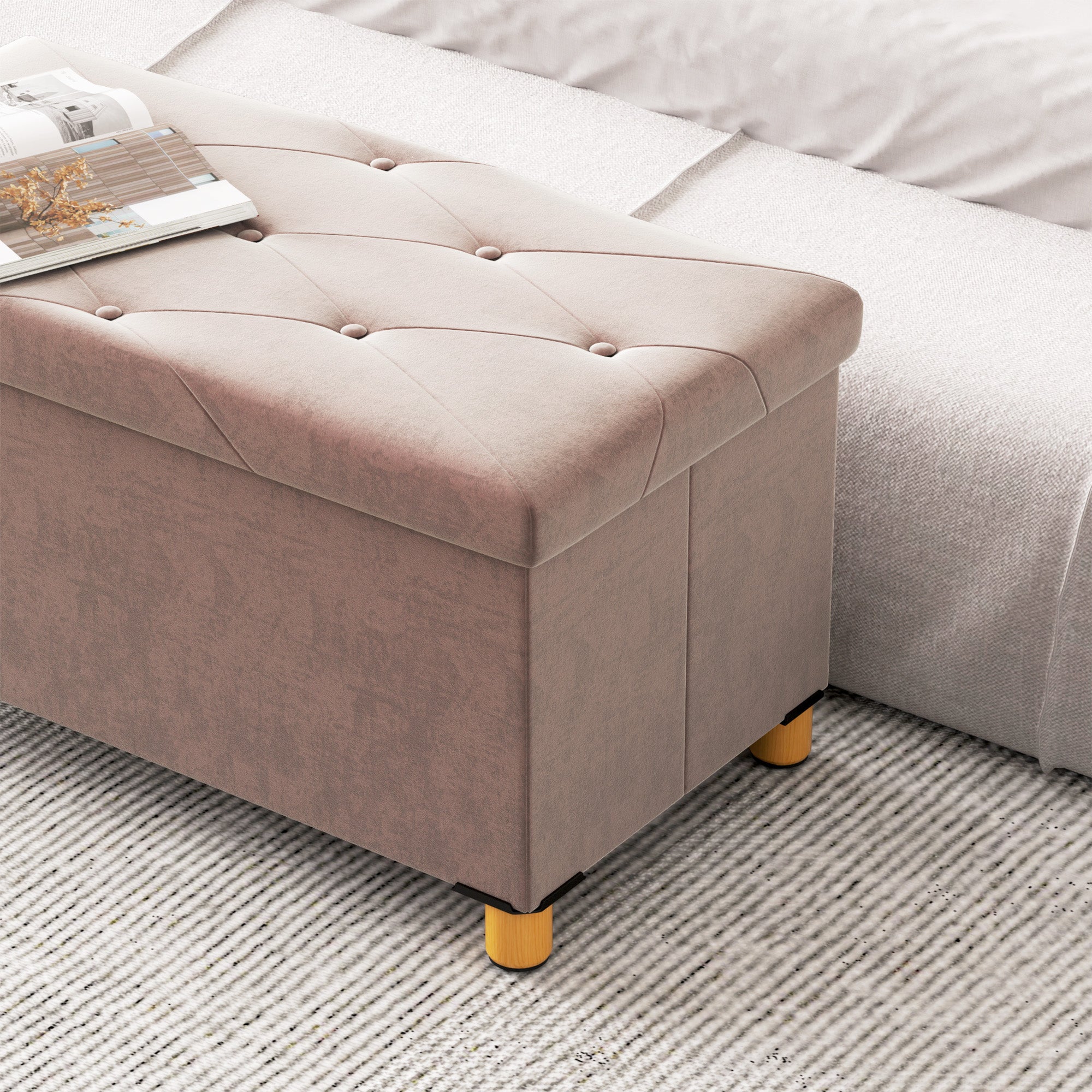 Storage Ottoman Bench, Velvet Upholstered Foldable Ottoman Footrest, Foot Stool with Wood Legs for Living Room, Bedroom, Entryway, Pink