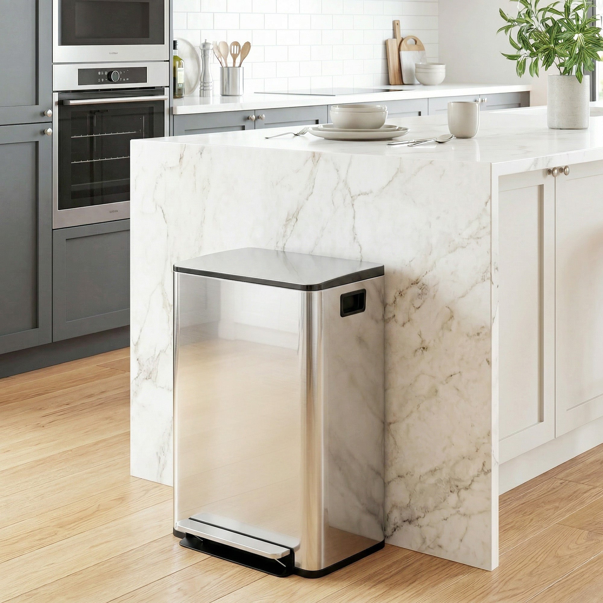 2 x 30L / 7.9 Gallon Dual Trash Can, Soft-Close Lid Stainless Steel Double Garbage Bin with Removable Inner Buckets and Handles for Kitchen, Office, Bathroom, Silver