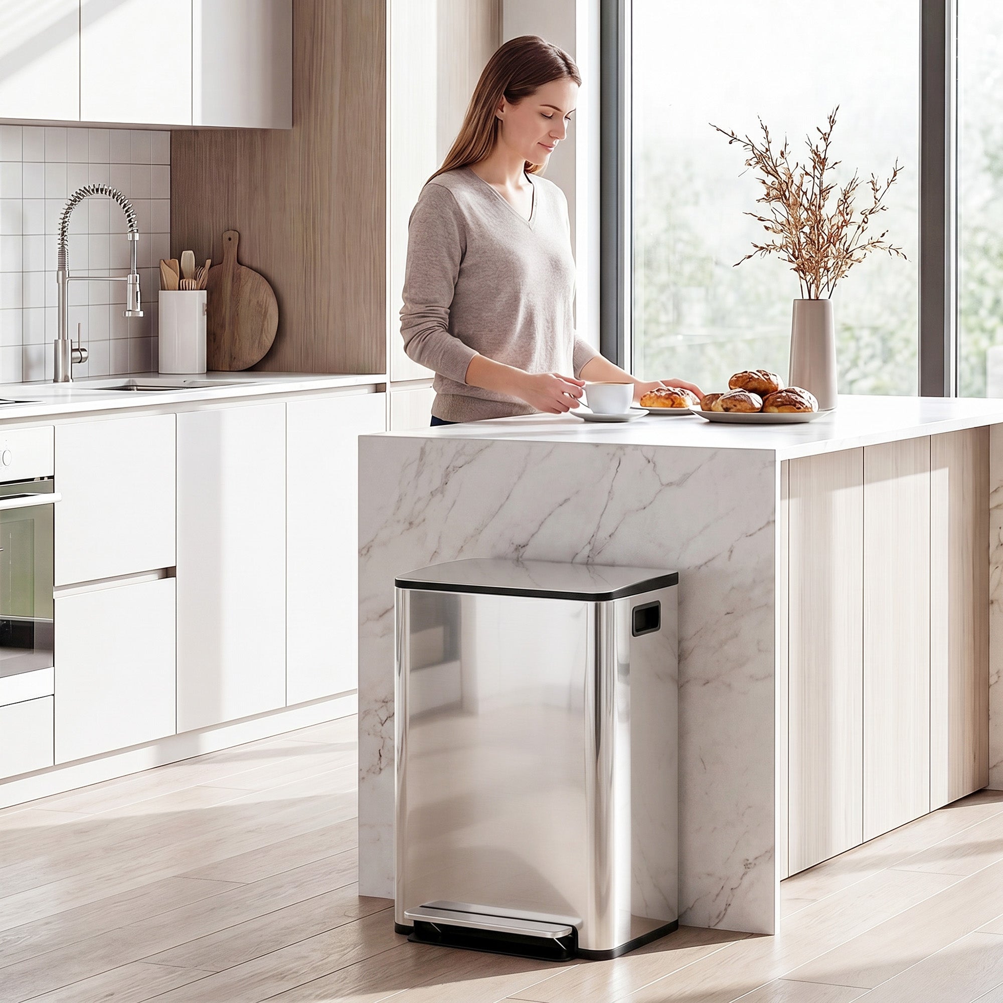 2 x 30L / 7.9 Gallon Dual Trash Can, Soft-Close Lid Stainless Steel Double Garbage Bin with Removable Inner Buckets and Handles for Kitchen, Office, Bathroom, Silver
