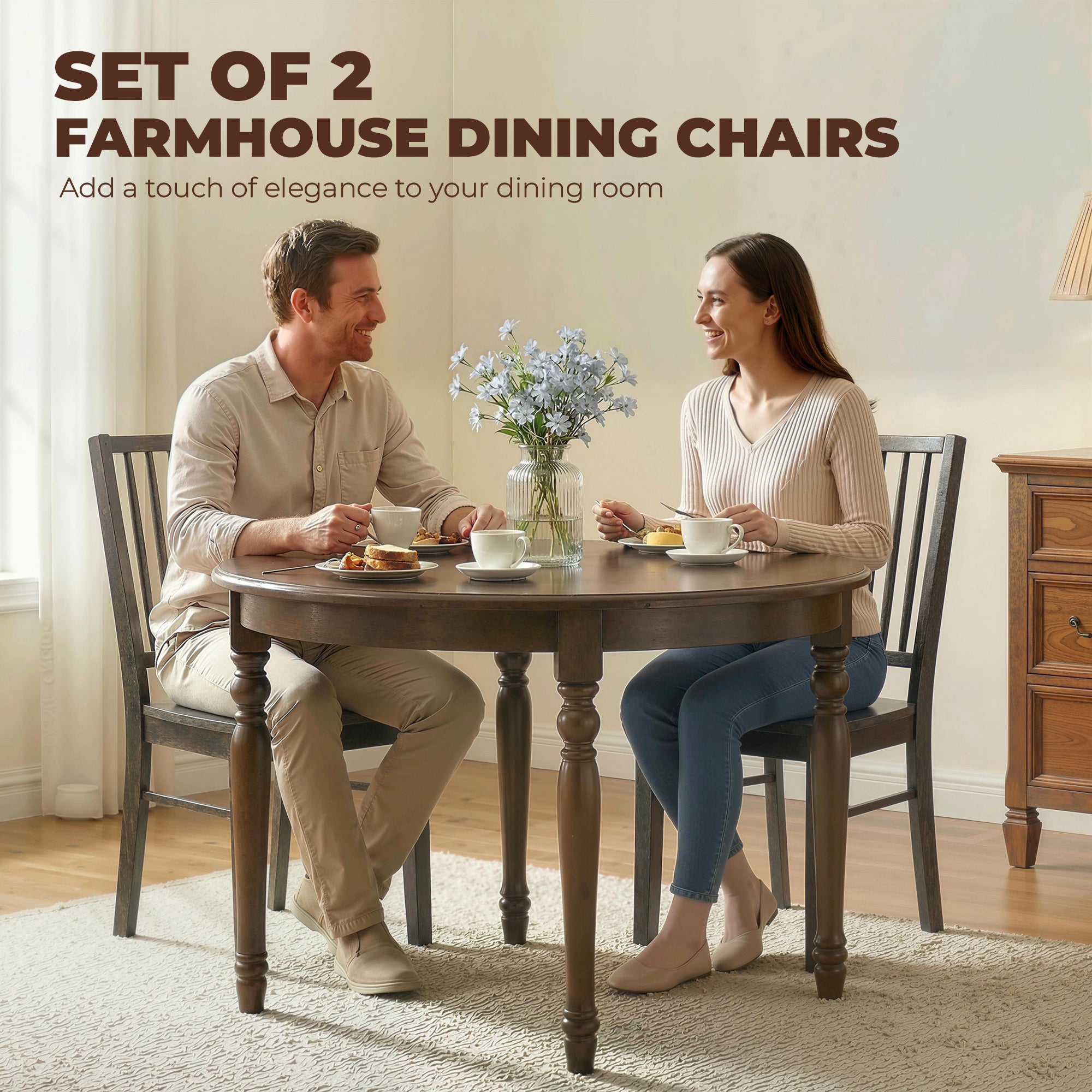 Farmhouse Dining Chairs Set of 2, Ergonomic Solid Wood Armless Kitchen Chairs with Rubberwood Legs for Dining Room, Kitchen, Charcoal Gray