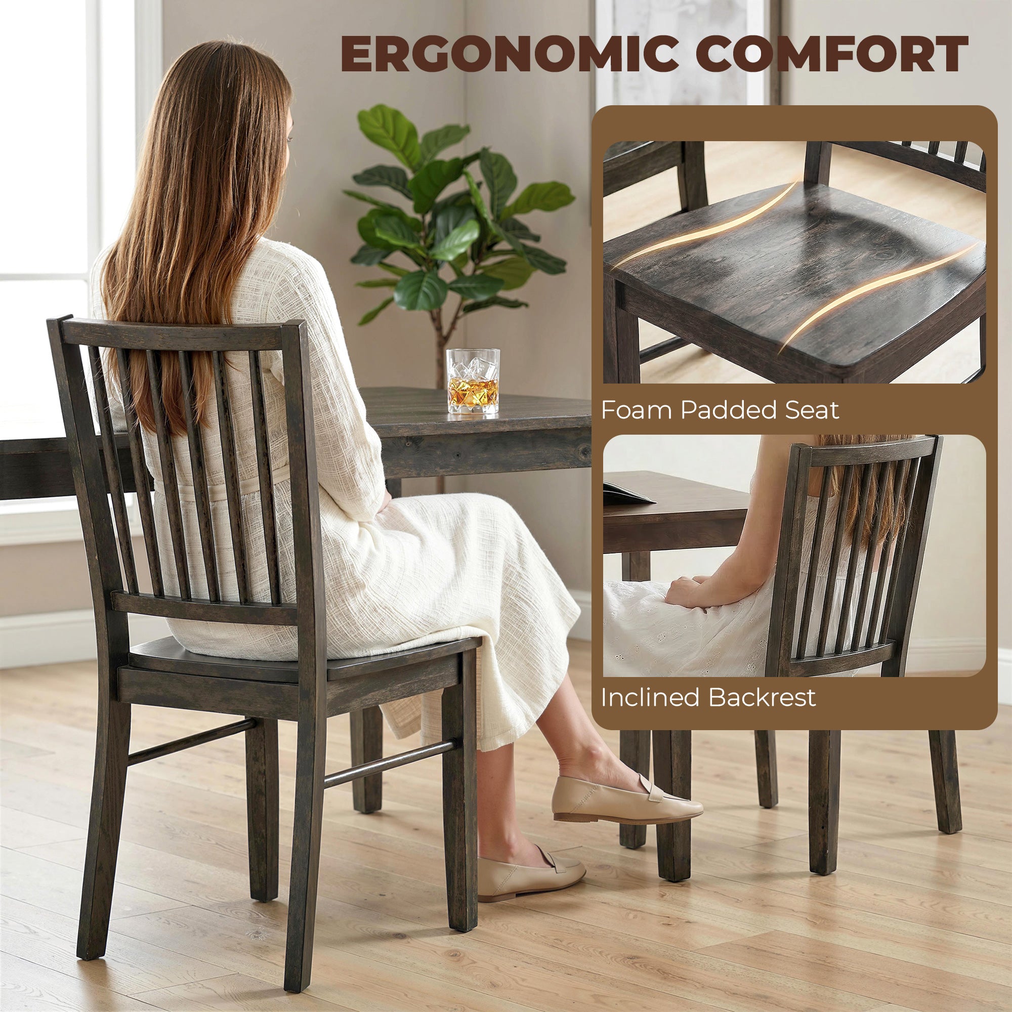 Farmhouse Dining Chairs Set of 2, Ergonomic Solid Wood Armless Kitchen Chairs with Rubberwood Legs for Dining Room, Kitchen, Charcoal Gray