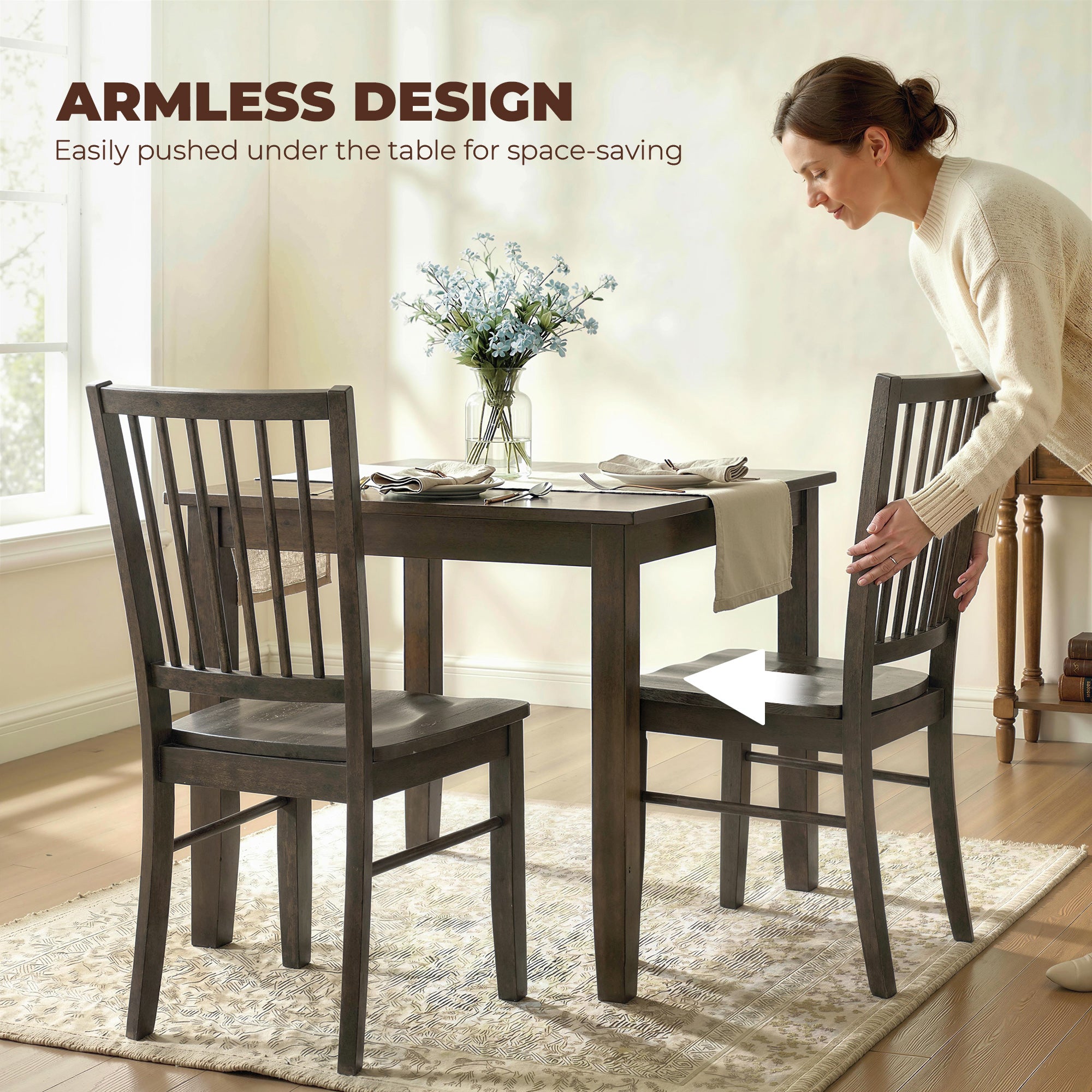 Farmhouse Dining Chairs Set of 2, Ergonomic Solid Wood Armless Kitchen Chairs with Rubberwood Legs for Dining Room, Kitchen, Charcoal Gray