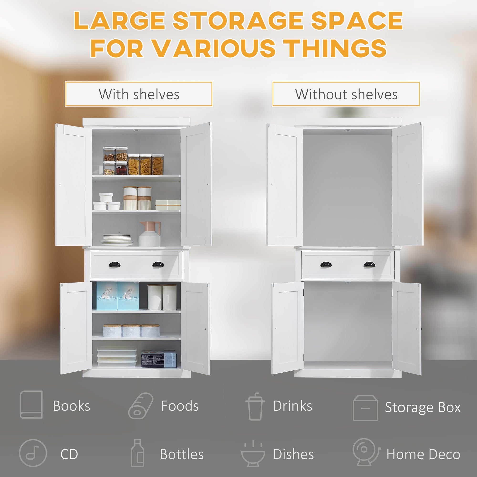 72.5" Freestanding Food Pantry Cabinet with Drawer, Doors and Shelves, White