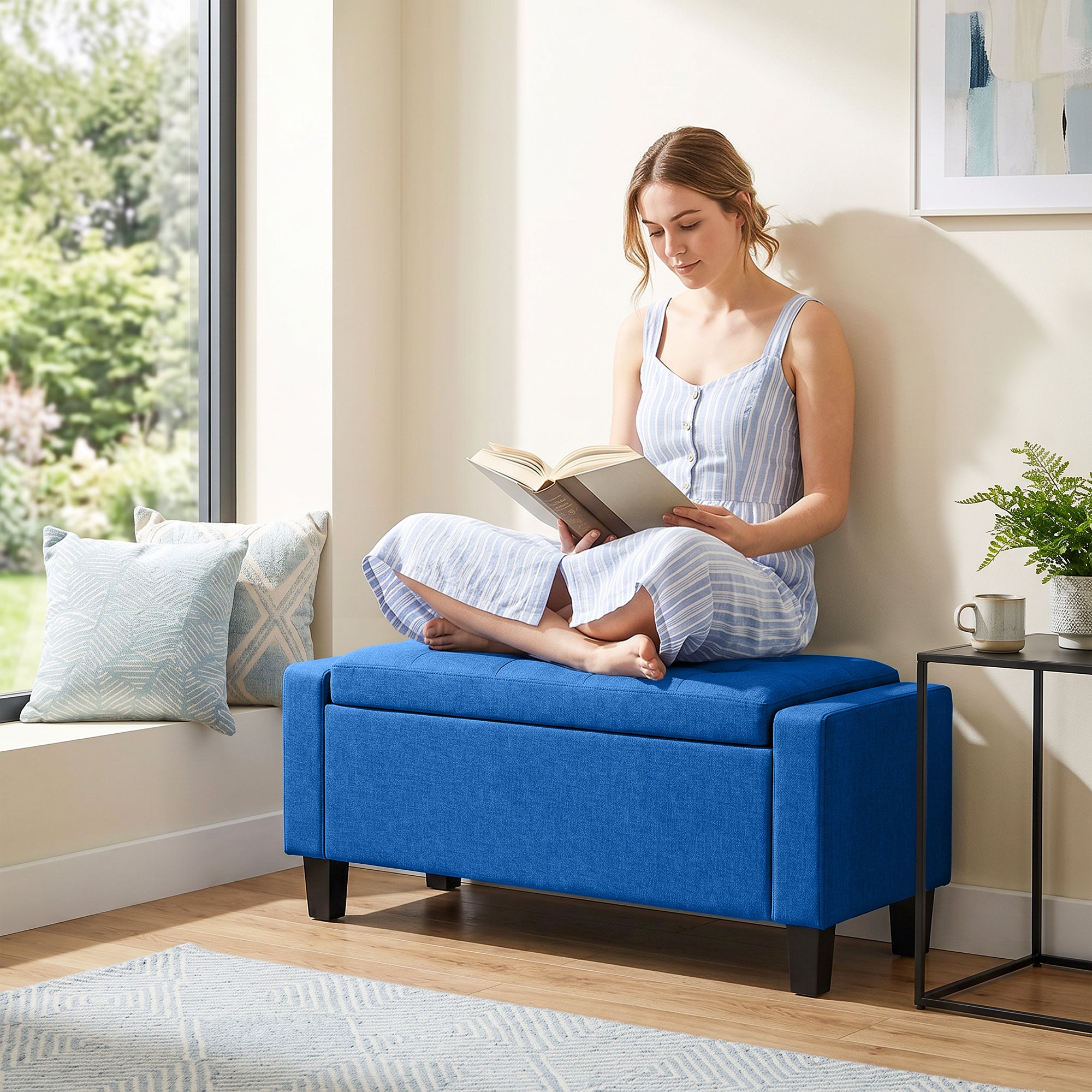 36.6" Tufted Fabric Rectangular Storage Ottoman, Sitting Bench with Armrests and Wooden Legs, Holds up to 528 lbs, for Entryway, Living Room, Bedroom, Blue