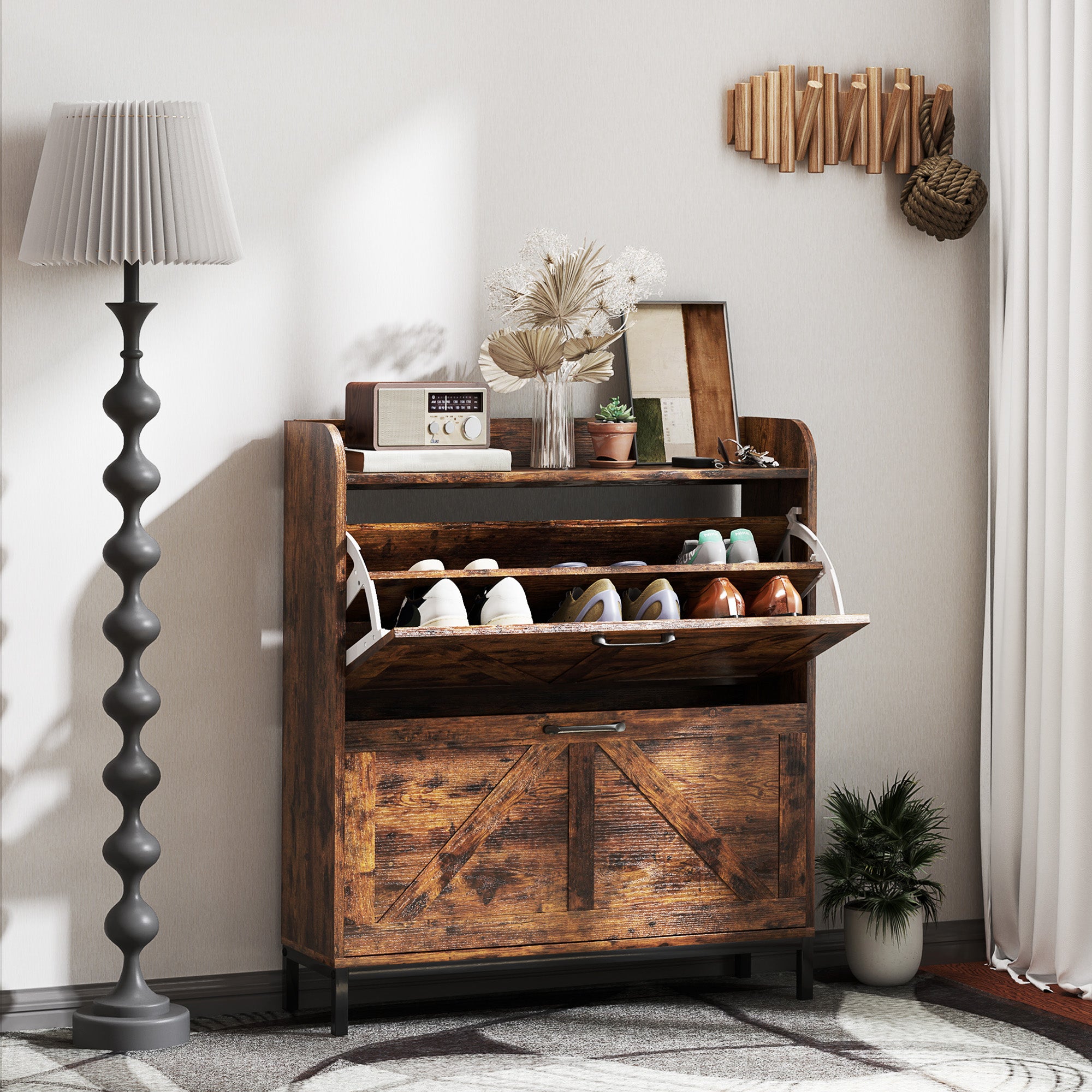 HOMCOM Shoe Storage Cabinet with 2 Flip Drawers, Legs, Farmhouse Freestanding Narrow Shoe Cabinet, Slim Hidden Rack Organizer for Entryway, Hallway, Rustic Brown Wood Grain