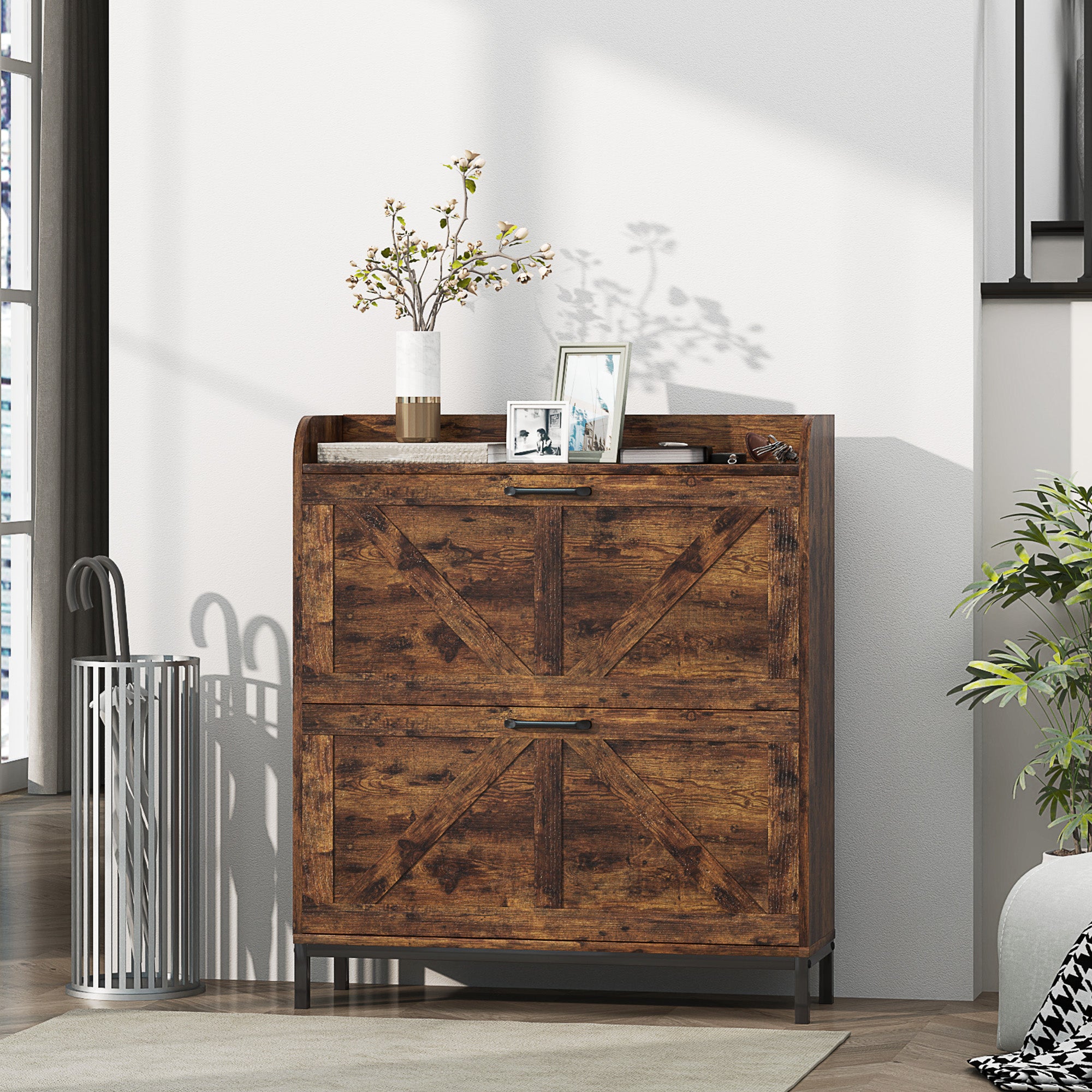HOMCOM Shoe Storage Cabinet with 2 Flip Drawers, Legs, Farmhouse Freestanding Narrow Shoe Cabinet, Slim Hidden Rack Organizer for Entryway, Hallway, Rustic Brown Wood Grain