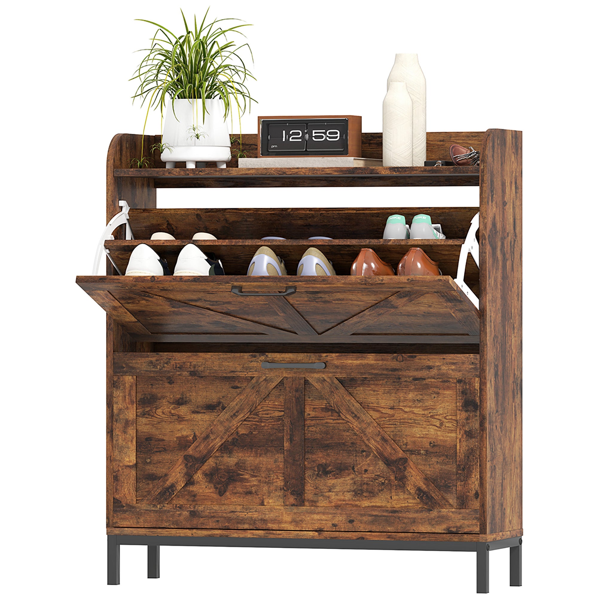 HOMCOM Shoe Storage Cabinet with 2 Flip Drawers, Legs, Farmhouse Freestanding Narrow Shoe Cabinet, Slim Hidden Rack Organizer for Entryway, Hallway, Rustic Brown Wood Grain