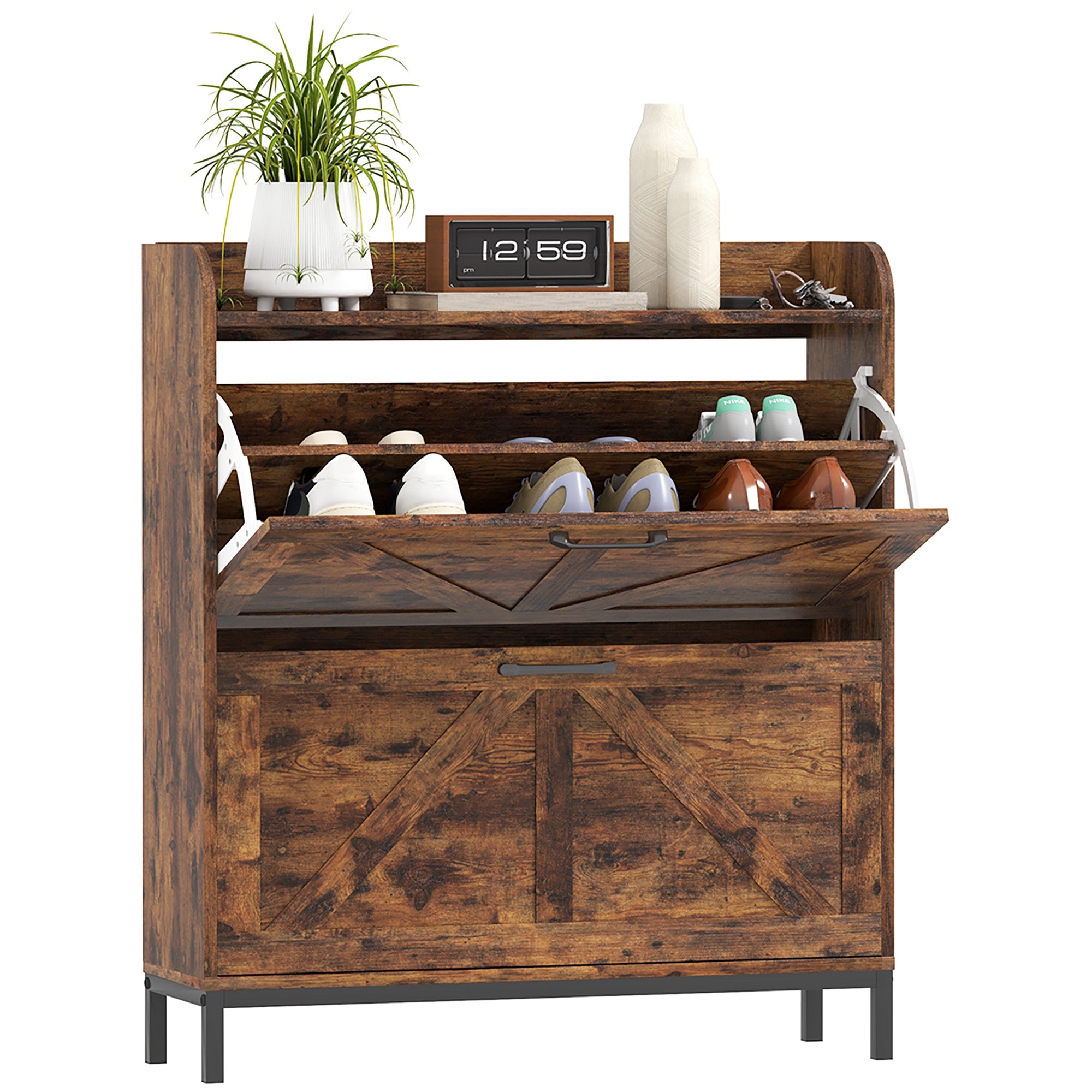 HOMCOM Shoe Storage Cabinet with 2 Flip Drawers, Legs, Farmhouse Freestanding Narrow Shoe Cabinet, Slim Hidden Rack Organizer for Entryway, Hallway, Rustic Brown Wood Grain