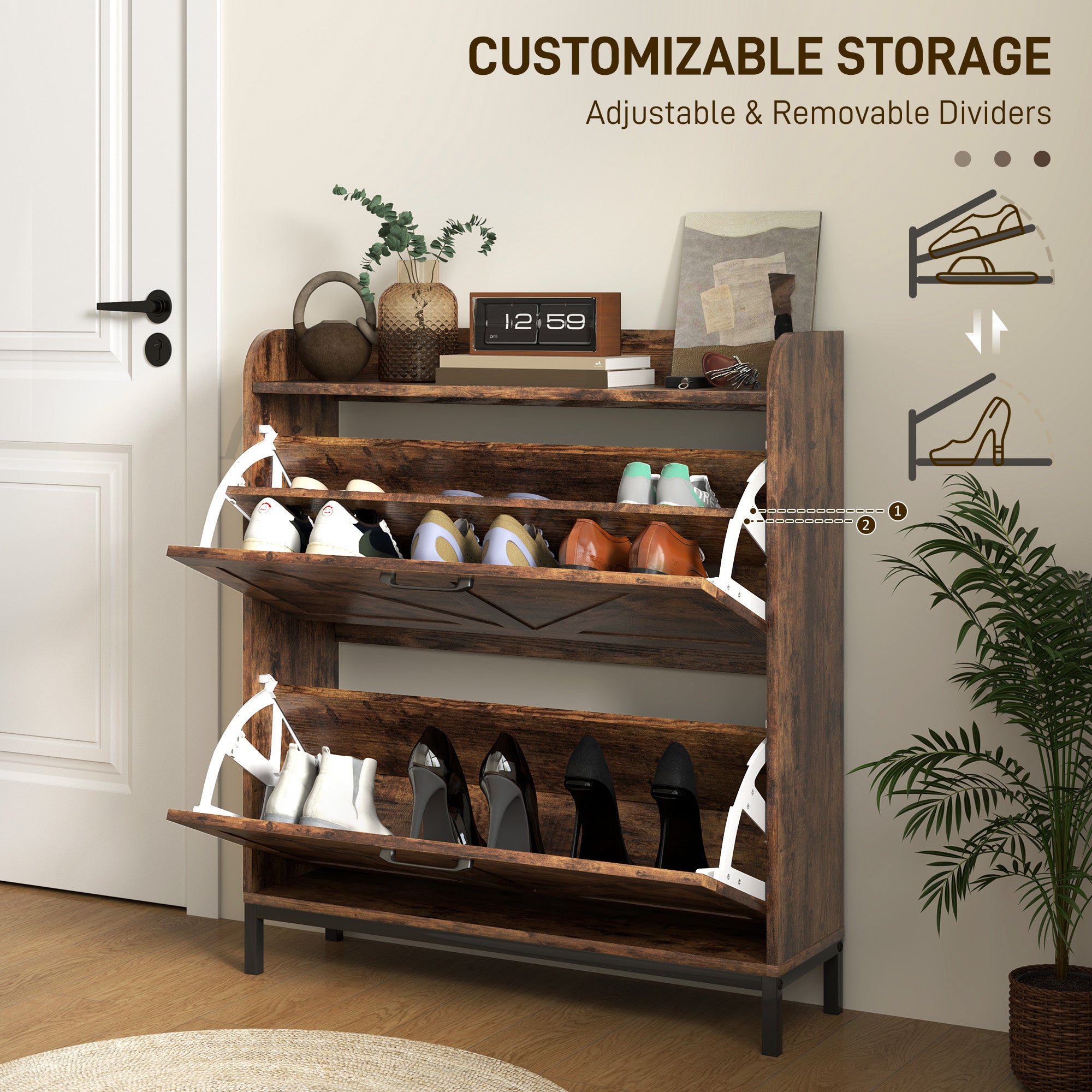 HOMCOM Shoe Storage Cabinet with 2 Flip Drawers, Legs, Farmhouse Freestanding Narrow Shoe Cabinet, Slim Hidden Rack Organizer for Entryway, Hallway, Rustic Brown Wood Grain