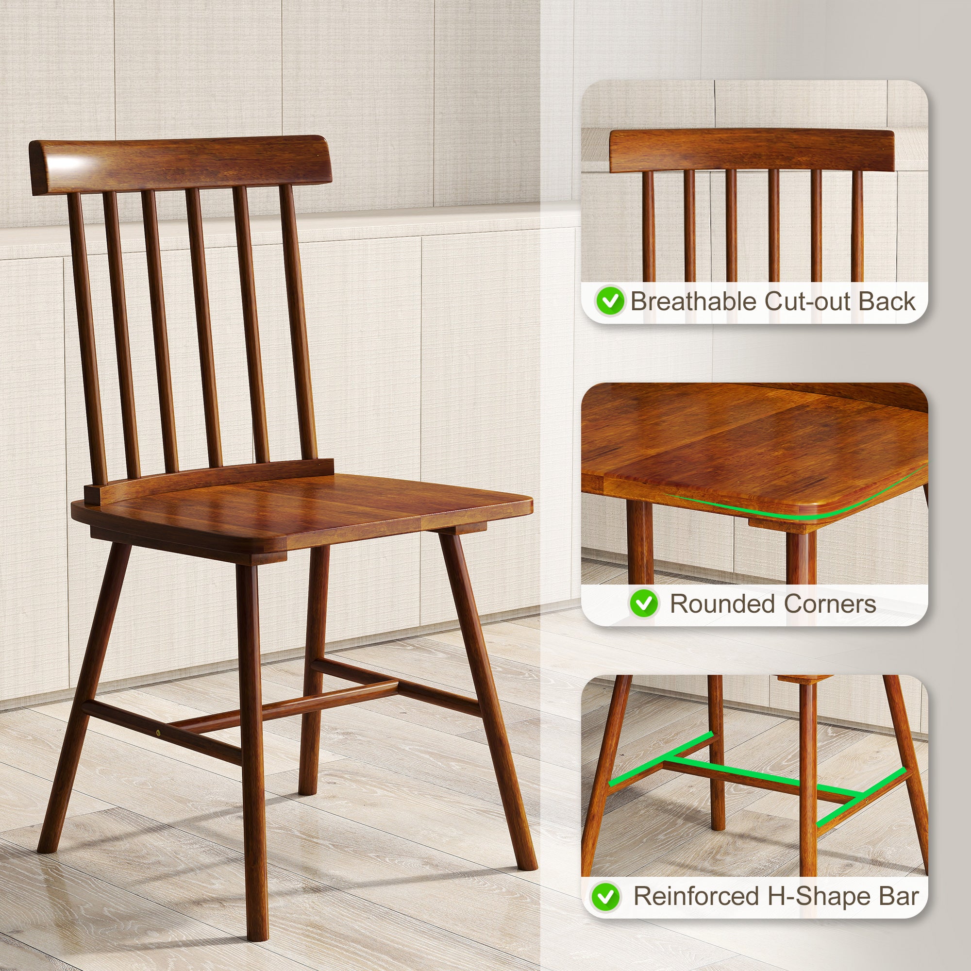 Windsor Dining Chairs Set of 4, Farmhouse Wooden Kitchen Chairs with Rubber Wood Frame and Spindle Backrest for Dining & Living Room, Light Brown