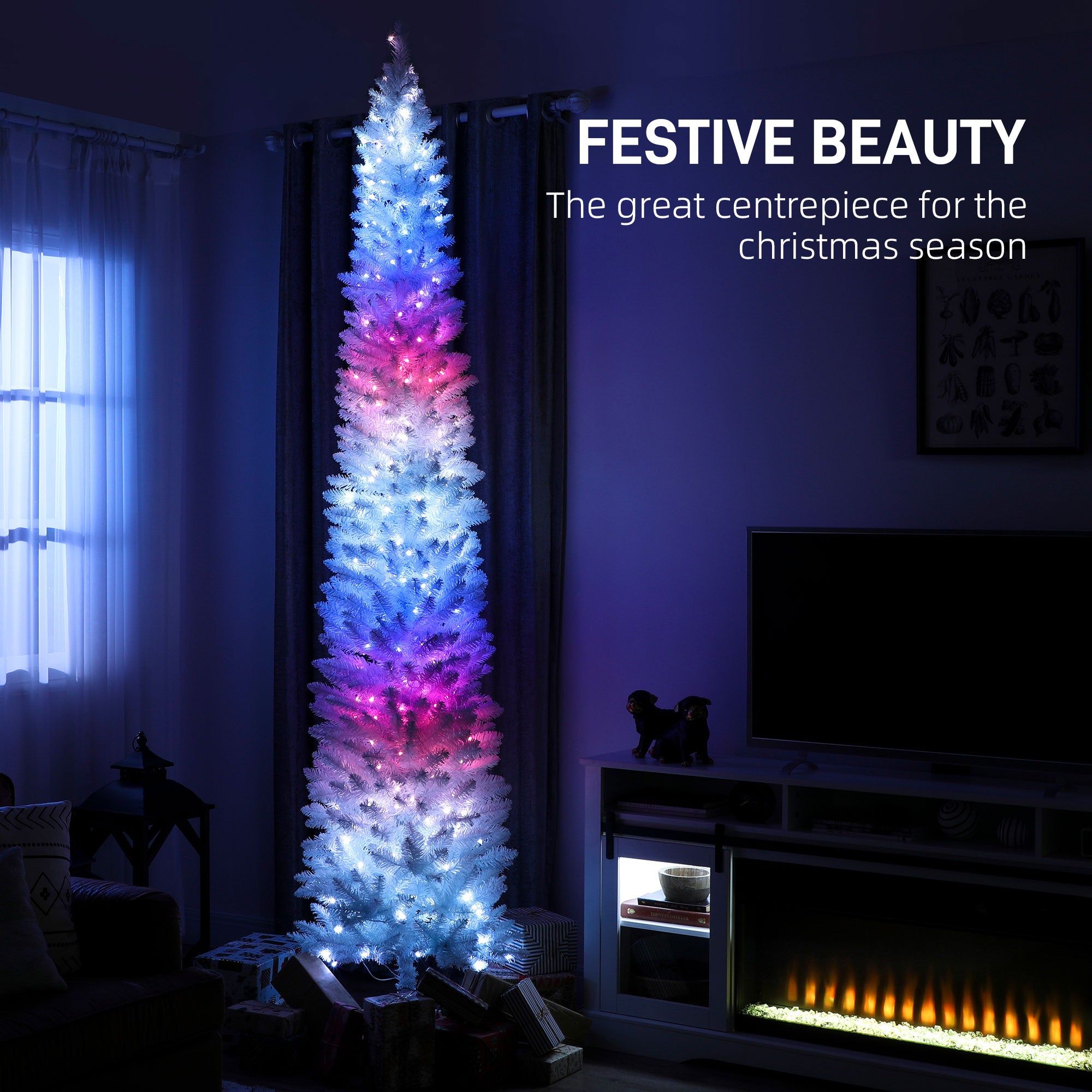 9ft Prelit Christmas Tree with Colourful DIY Synchronized LED Lights, Hinged Pencil Xmas Tree with Remote, 12 Modes, Daily Timer, Adjustable Brightness and Speed, White