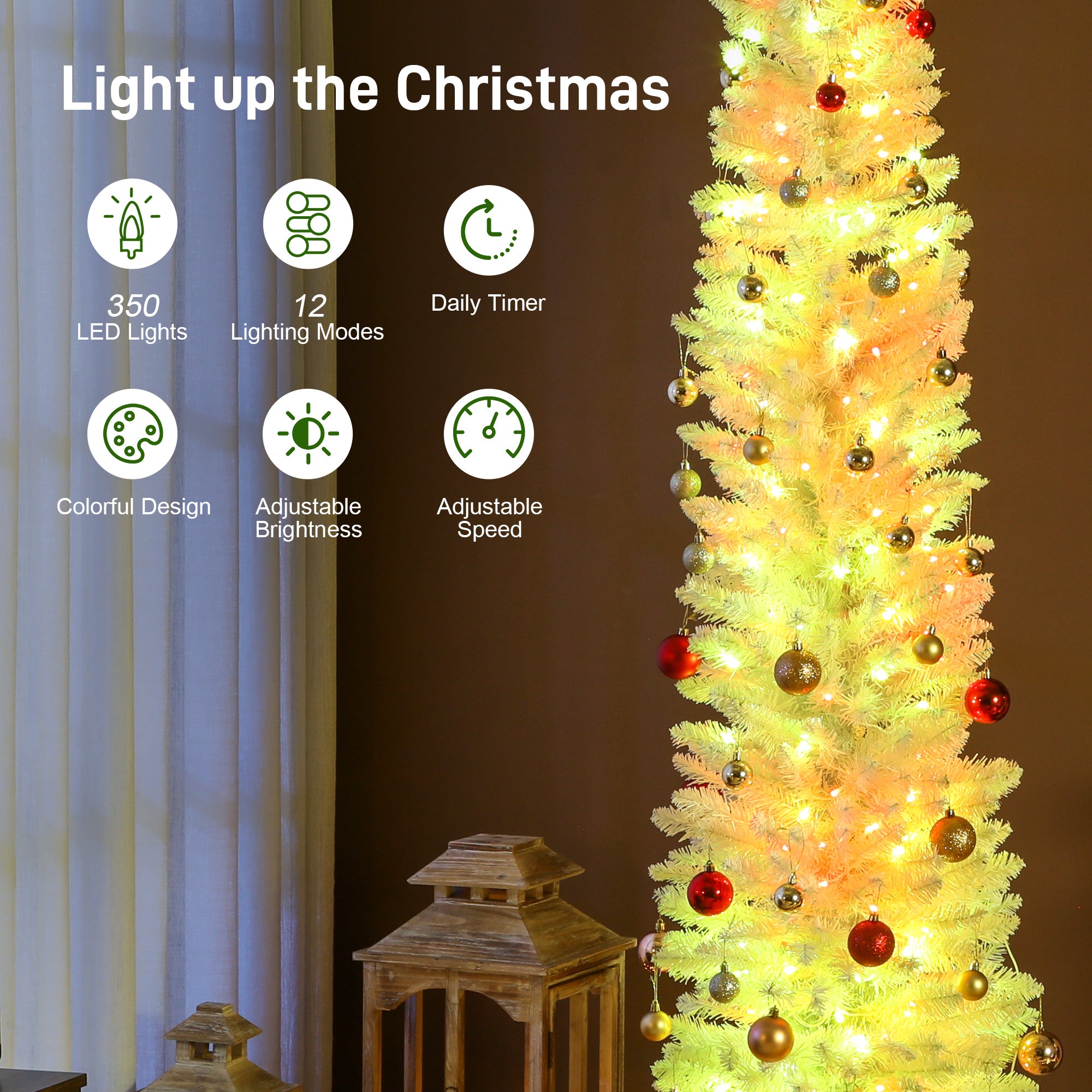 9ft Prelit Christmas Tree with Colourful DIY Synchronized LED Lights, Hinged Pencil Xmas Tree with Remote, 12 Modes, Daily Timer, Adjustable Brightness and Speed, White