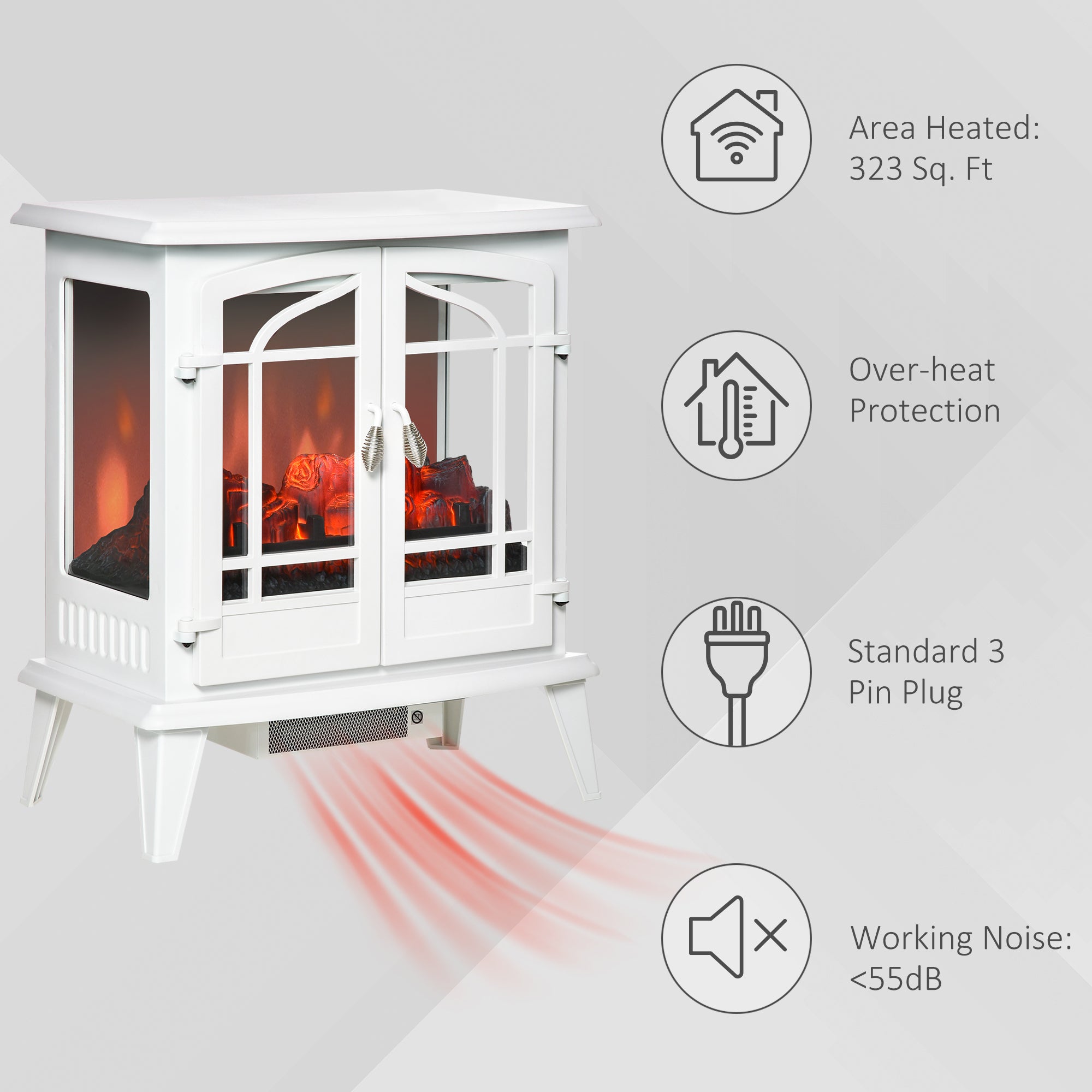 Electric Fireplace Heater Freestanding Fireplace Stove with Realistic Flame Effect, Adjustable Temperature and Overheat Protection, 1400W, White