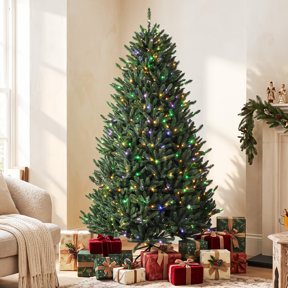 7.5ft Prelit Christmas Tree, Wide Colorado Blue Spruce, Easy Plug, Artificial Hinged Xmas Tree with 690 Warm White & Multi-Colour LED Lights, 2626 Tips for Holiday, Green