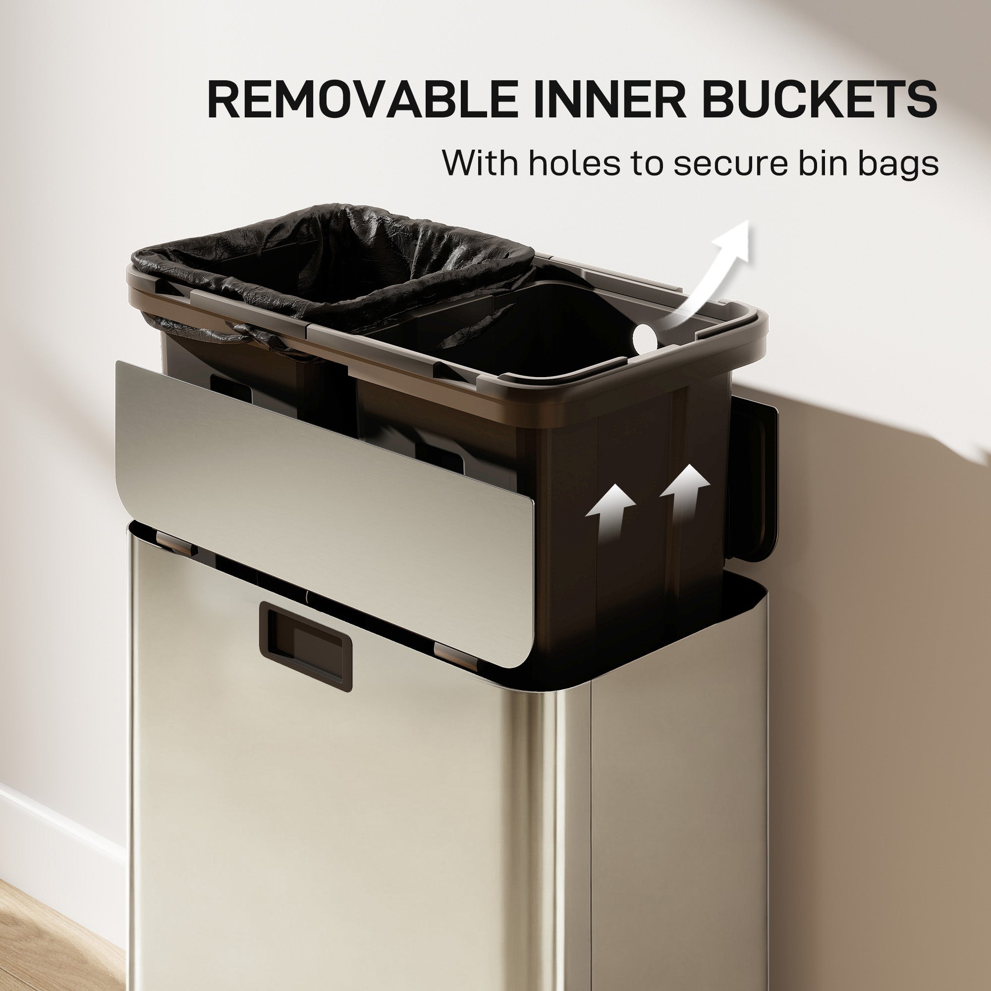 Dual Kitchen Bin with Soft-Close Butterfly Lid, 2 x 7.4Gal Stainless Steel Pedal Bin with Removable Inner Buckets, Fingerprint-Proof for Recycling and Waste, Silver Tone