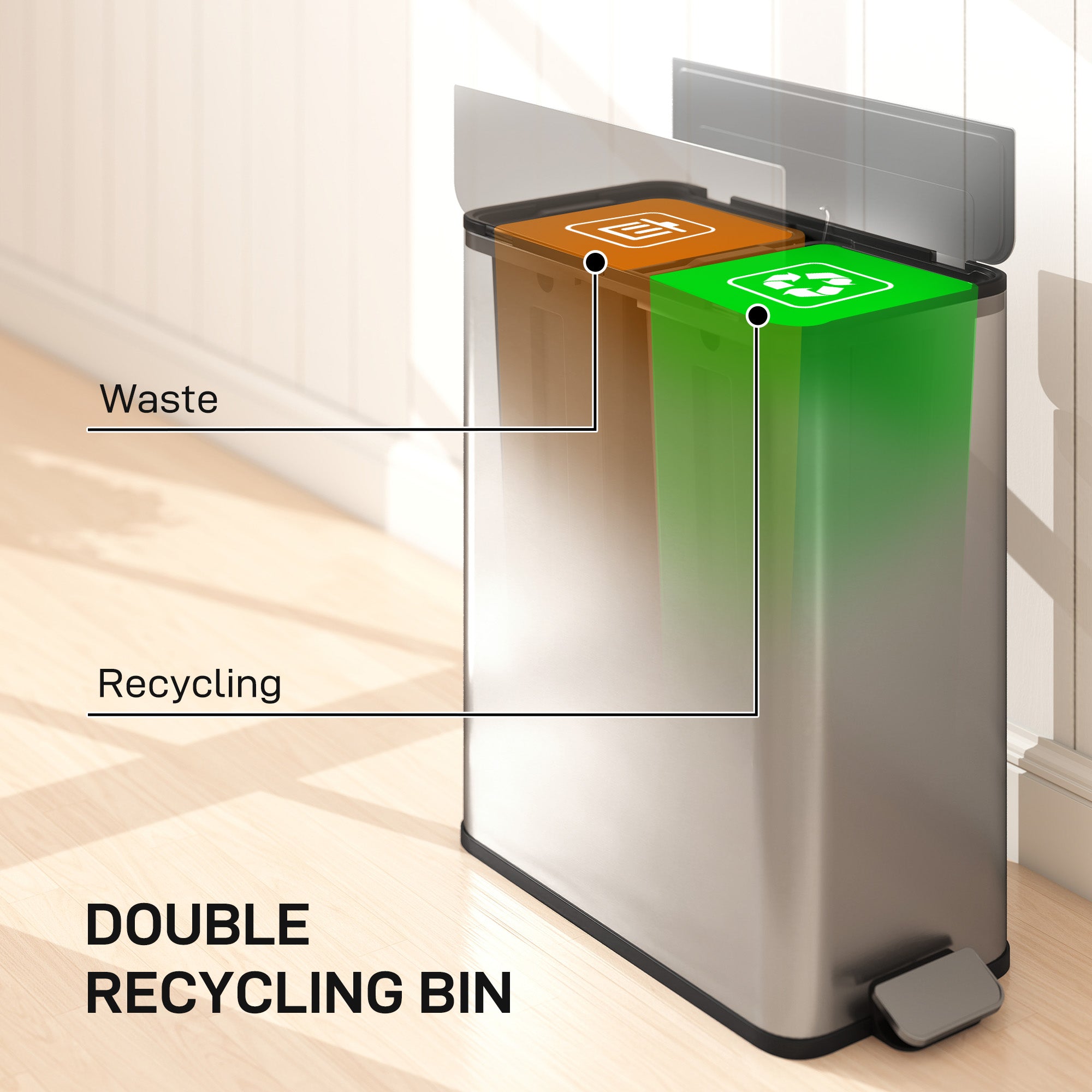 Dual Kitchen Bin with Soft-Close Butterfly Lid, 2 x 7.4Gal Stainless Steel Pedal Bin with Removable Inner Buckets, Fingerprint-Proof for Recycling and Waste, Silver Tone