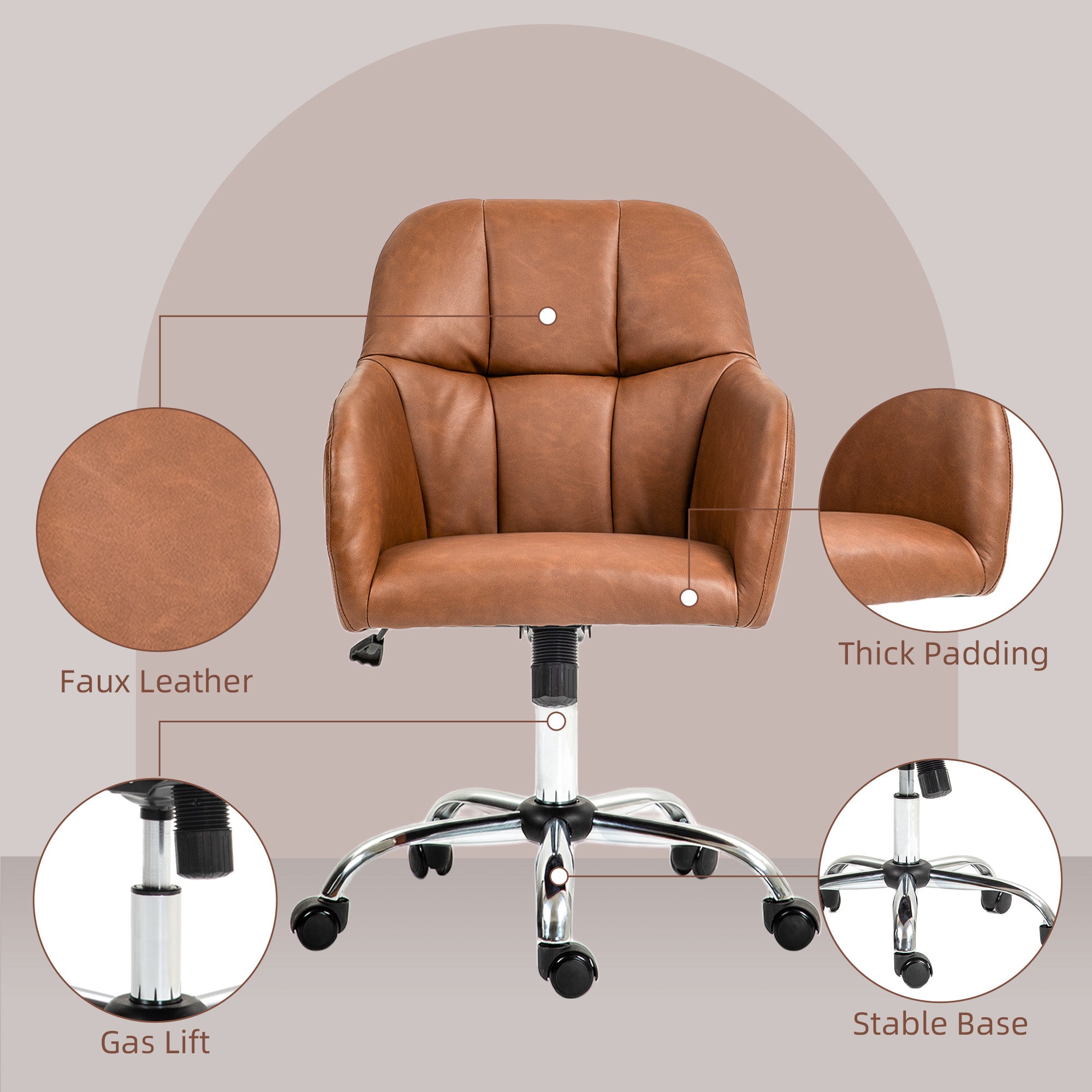 HOMCOM Computer Desk Chair, PU Leather Swivel Office Chair, Makeup Vanity Chair with Height Adjustable, Wheels, for Home Study Bedroom, Brown