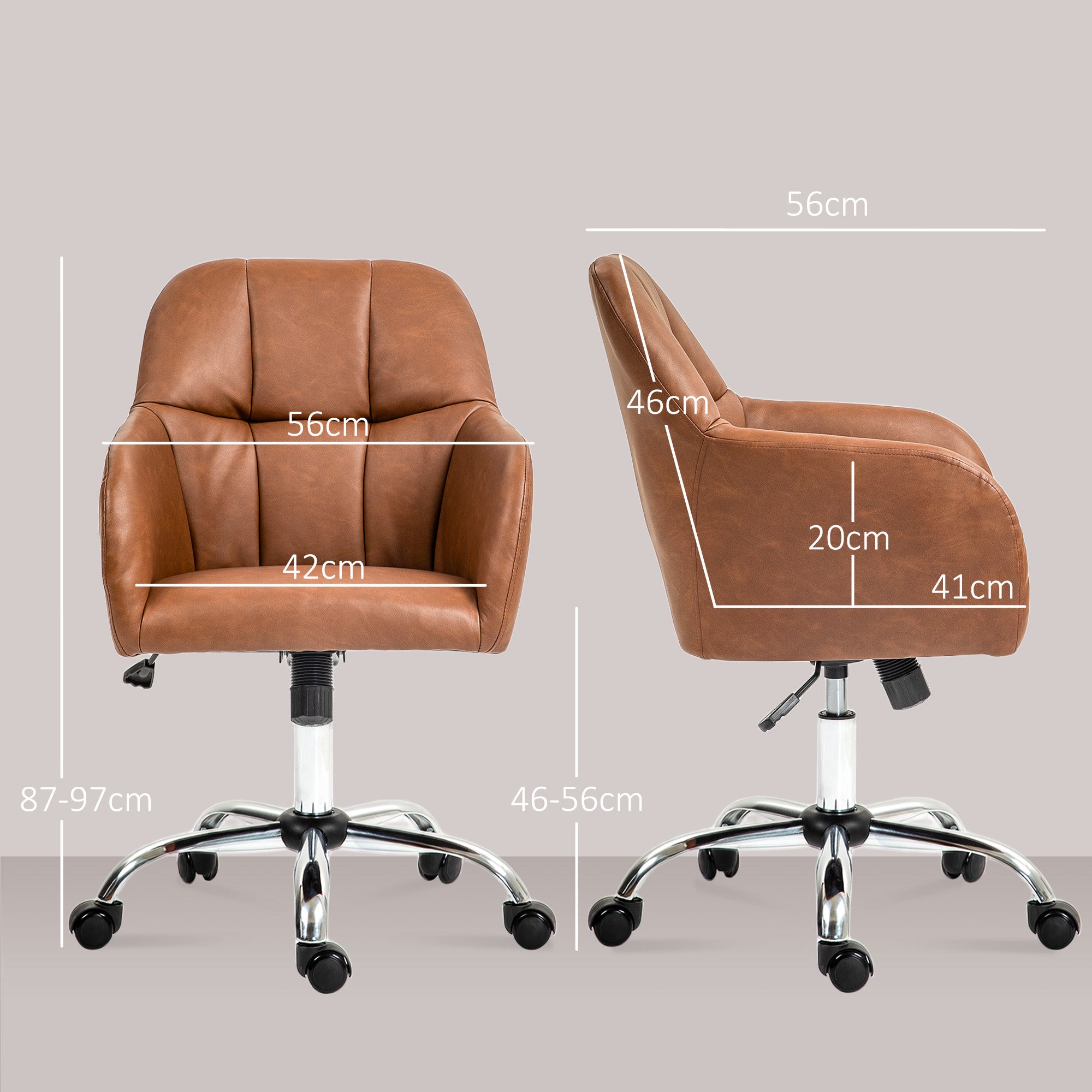 HOMCOM Computer Desk Chair, PU Leather Swivel Office Chair, Makeup Vanity Chair with Height Adjustable, Wheels, for Home Study Bedroom, Brown