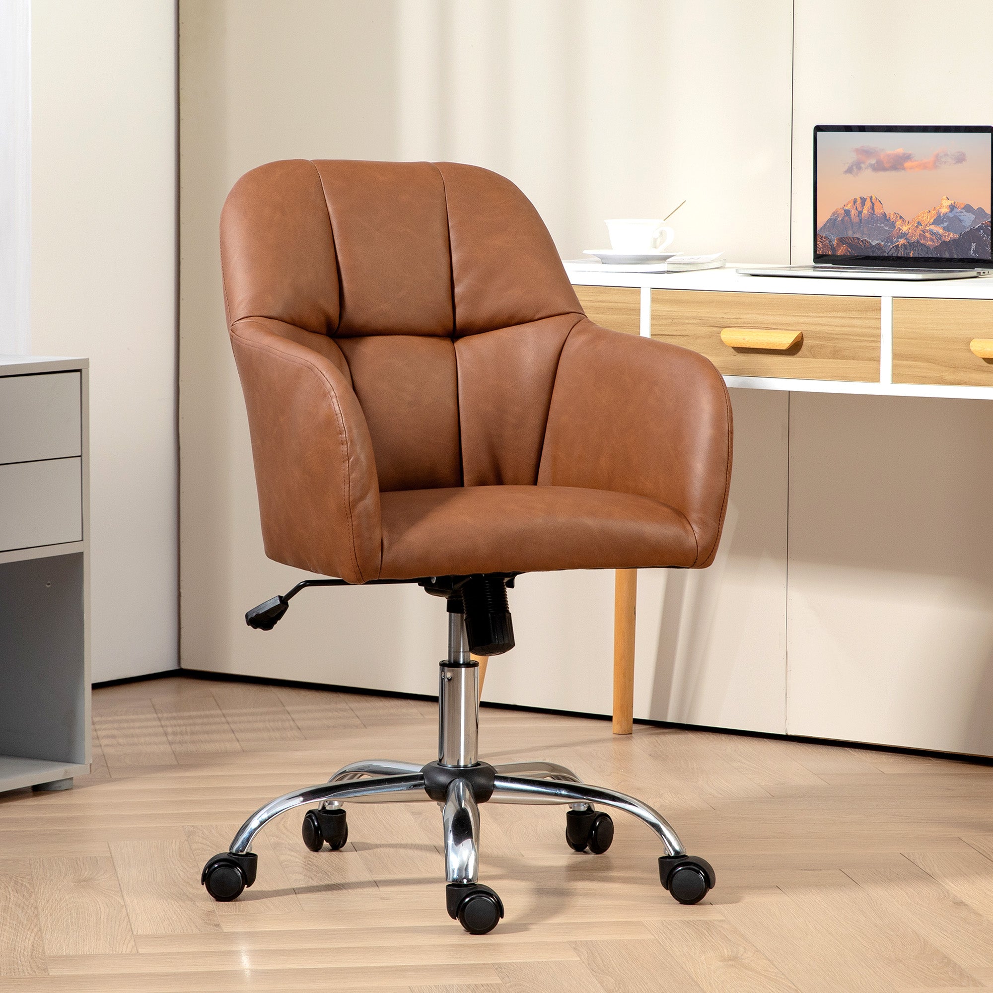 HOMCOM Computer Desk Chair, PU Leather Swivel Office Chair, Makeup Vanity Chair with Height Adjustable, Wheels, for Home Study Bedroom, Brown