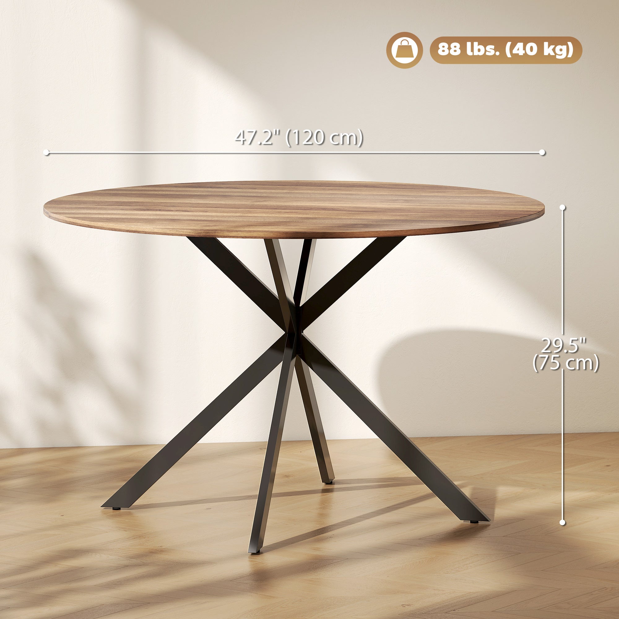 Round Dining Table for 4, 47" Industrial Kitchen Table with Steel Legs for Dining Room, Dark Brown and Black