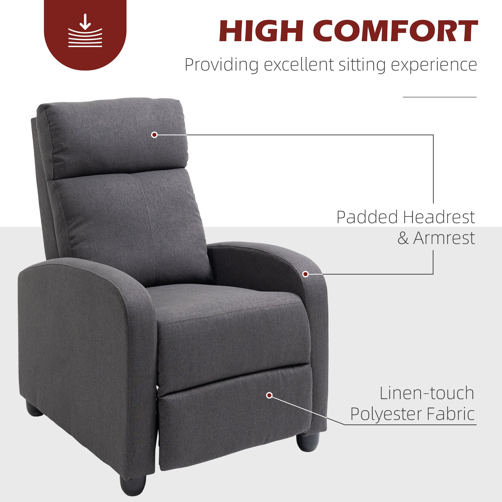 HOMCOM Push Back Recliner Chair, Fabric Home Theater Seating, Single Reclining Sofa Chair with Padded Seat for Living Room, Dark Grey