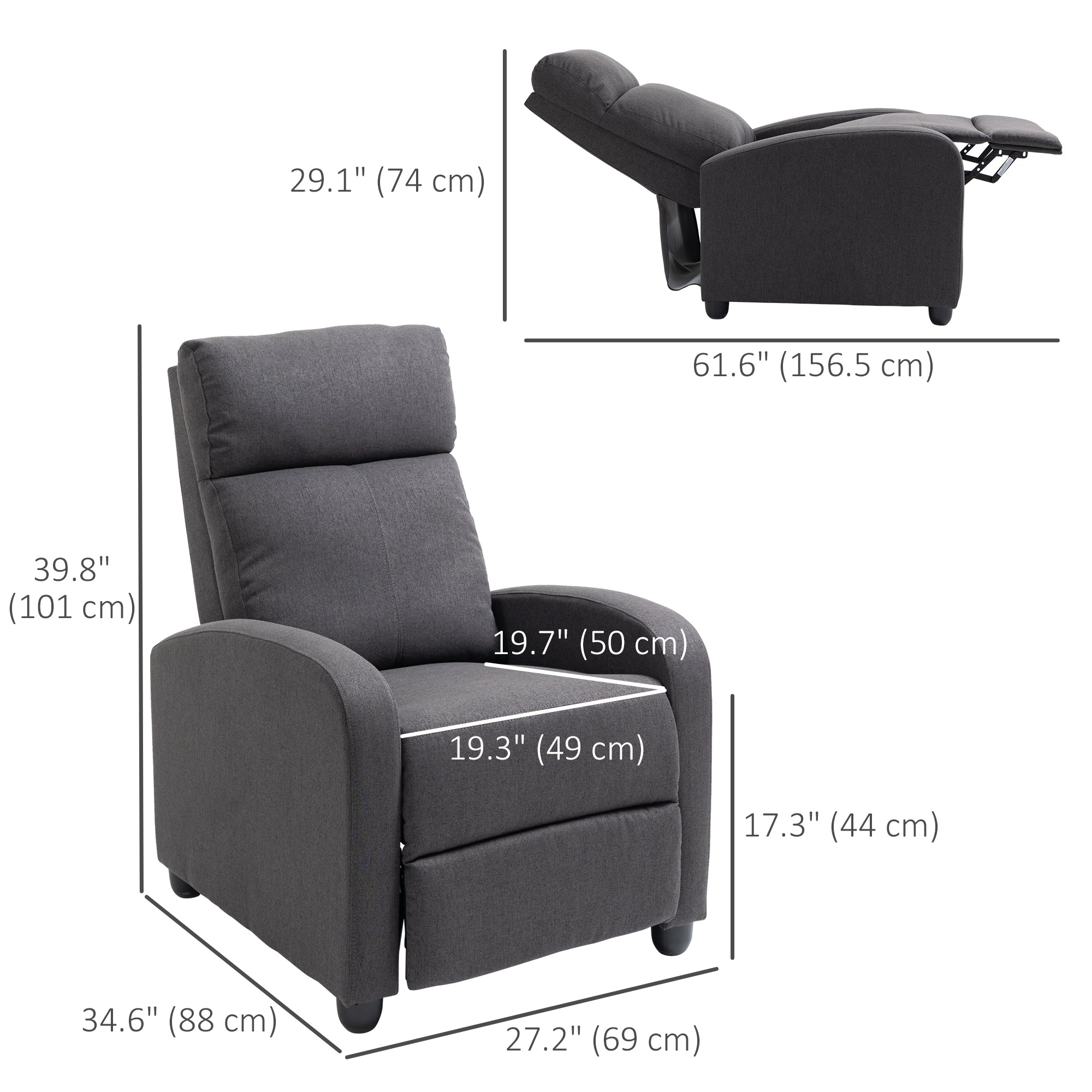 HOMCOM Push Back Recliner Chair, Fabric Home Theater Seating, Single Reclining Sofa Chair with Padded Seat for Living Room, Dark Grey