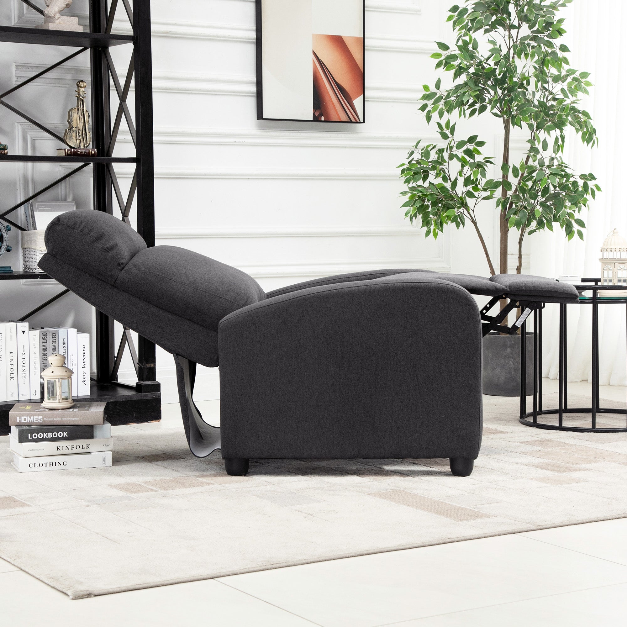 HOMCOM Push Back Recliner Chair, Fabric Home Theater Seating, Single Reclining Sofa Chair with Padded Seat for Living Room, Dark Grey