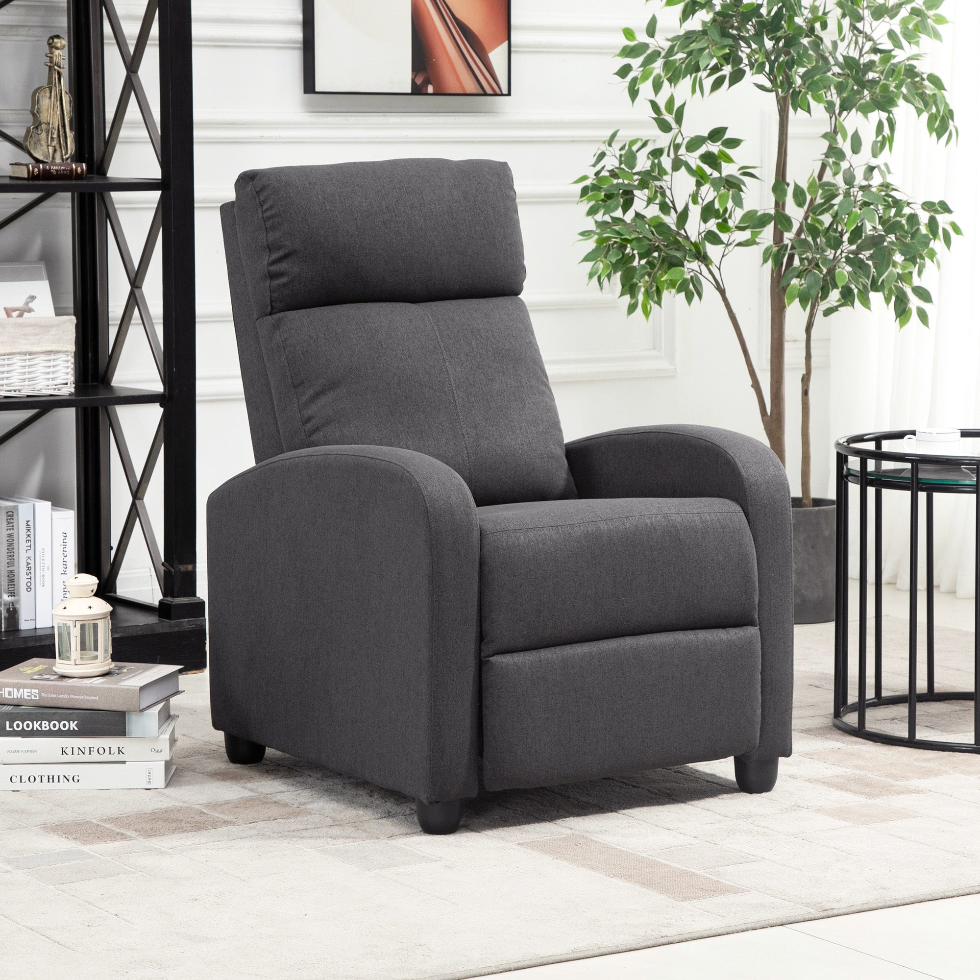 HOMCOM Push Back Recliner Chair, Fabric Home Theater Seating, Single Reclining Sofa Chair with Padded Seat for Living Room, Dark Grey