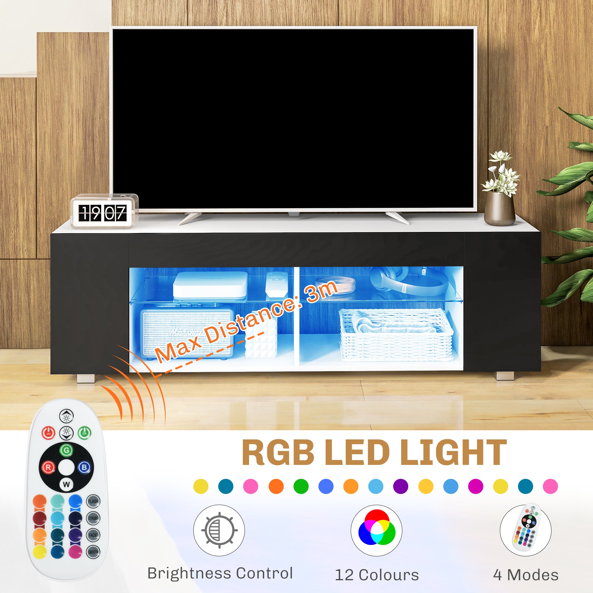 HOMCOM 145cm TV Unit with Glass Shelves and LED Light, Modern TV Stand Cabinet for Living Room, Entertainment Unit for 60 inch 4k TV, Black