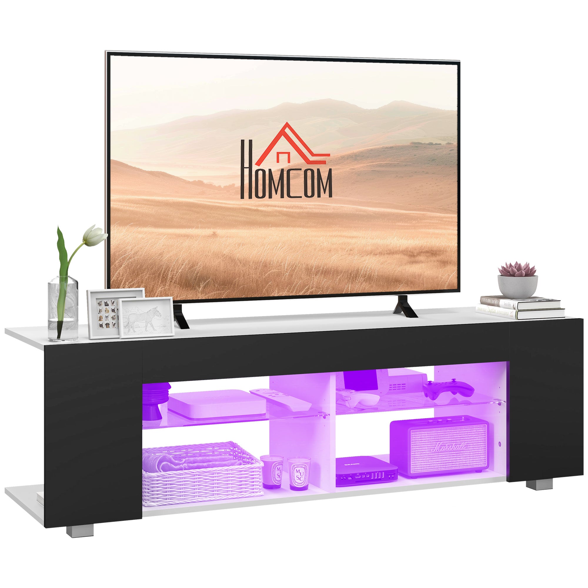 HOMCOM 145cm TV Unit with Glass Shelves and LED Light, Modern TV Stand Cabinet for Living Room, Entertainment Unit for 60 inch 4k TV, Black
