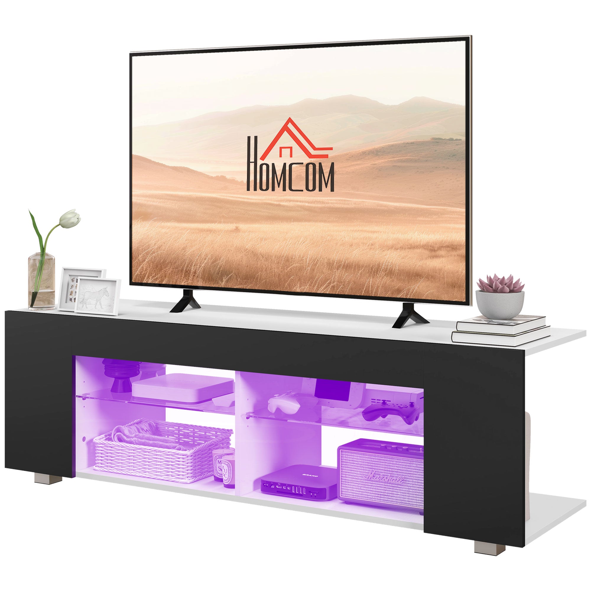 HOMCOM 145cm TV Unit with Glass Shelves and LED Light, Modern TV Stand Cabinet for Living Room, Entertainment Unit for 60 inch 4k TV, Black