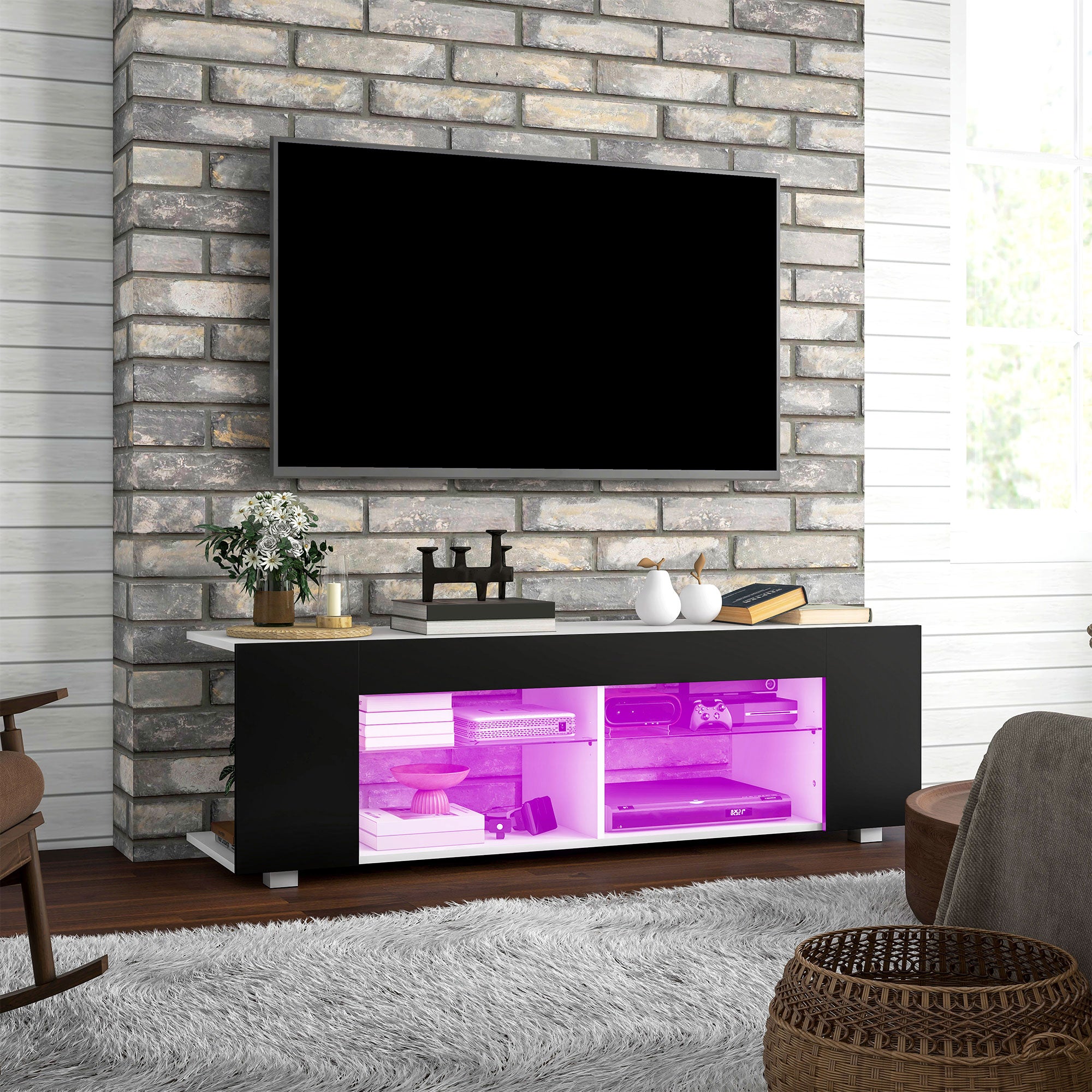 HOMCOM 145cm TV Unit with Glass Shelves and LED Light, Modern TV Stand Cabinet for Living Room, Entertainment Unit for 60 inch 4k TV, Black