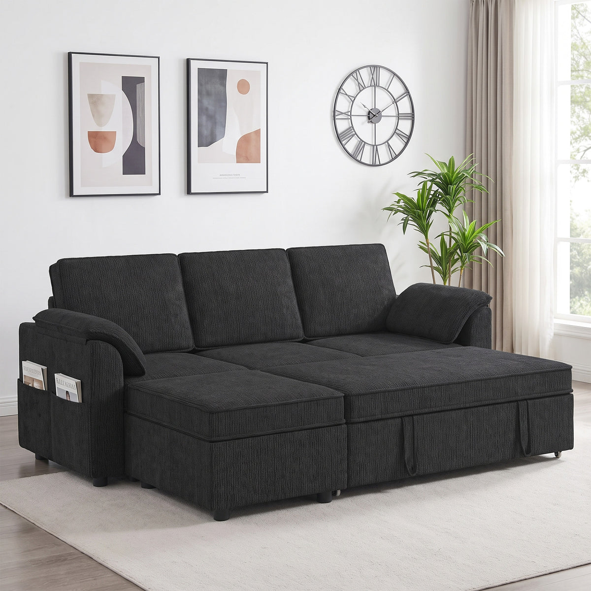 Sectional Sofa Bed, L-Shaped Sleeper Sofa with Reversible Pull Out Couch Bed, Storage Ottoman, Side Pockets, Cushions, Chenille Fabric, Black