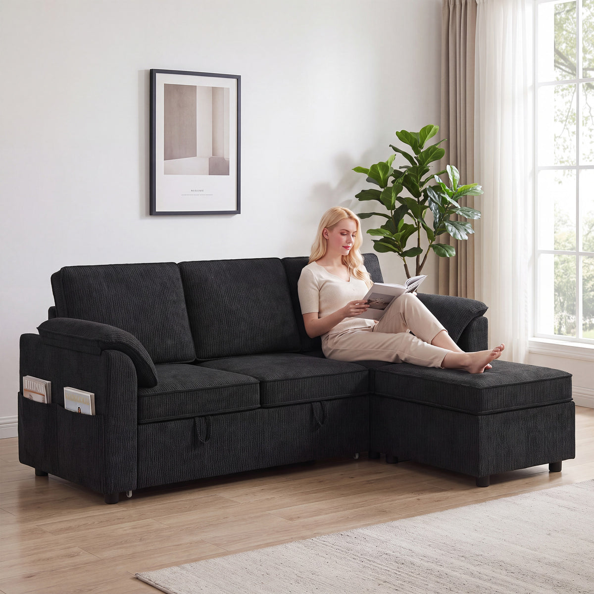 Sectional Sofa Bed, L-Shaped Sleeper Sofa with Reversible Pull Out Couch Bed, Storage Ottoman, Side Pockets, Cushions, Chenille Fabric, Black