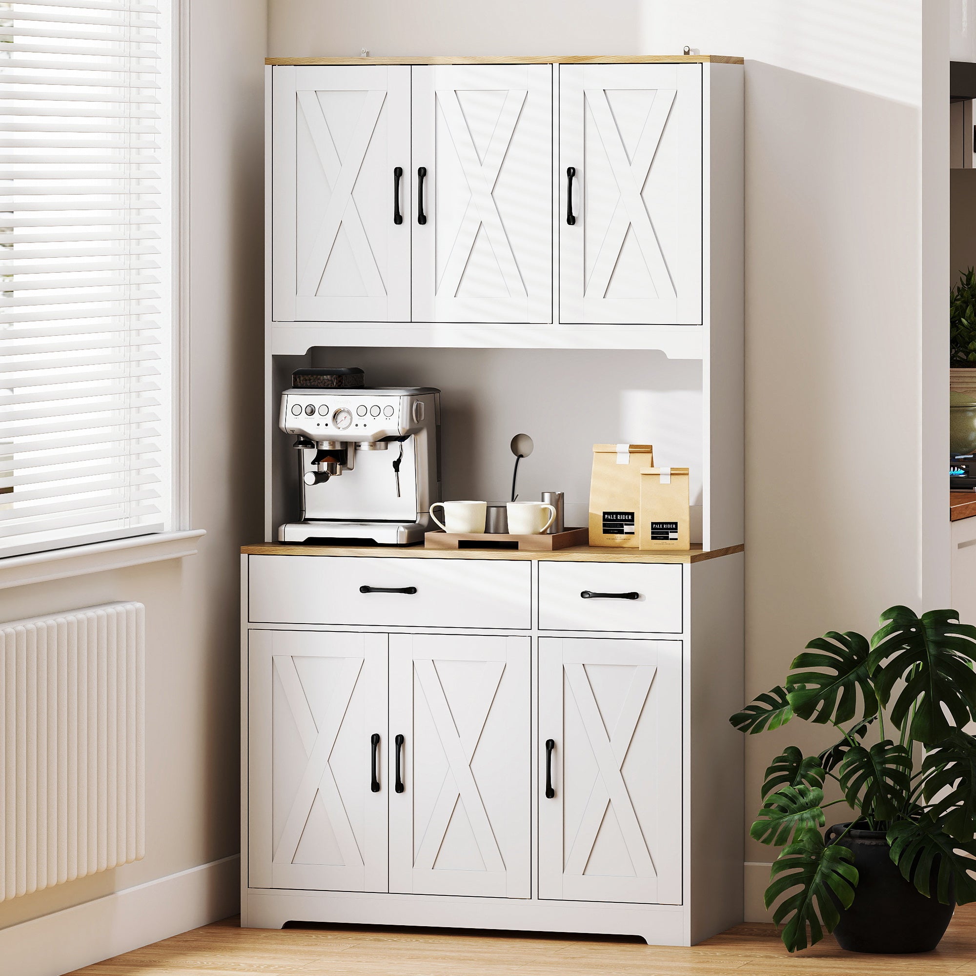175 cm Tall Kitchen Pantry Cabinet with Microwave Stand, Farmhouse Kitchen Hutch, Freestanding Pantry Cupboard with 2 Drawers, 2 Adjustable Shelves and Cable Management, White