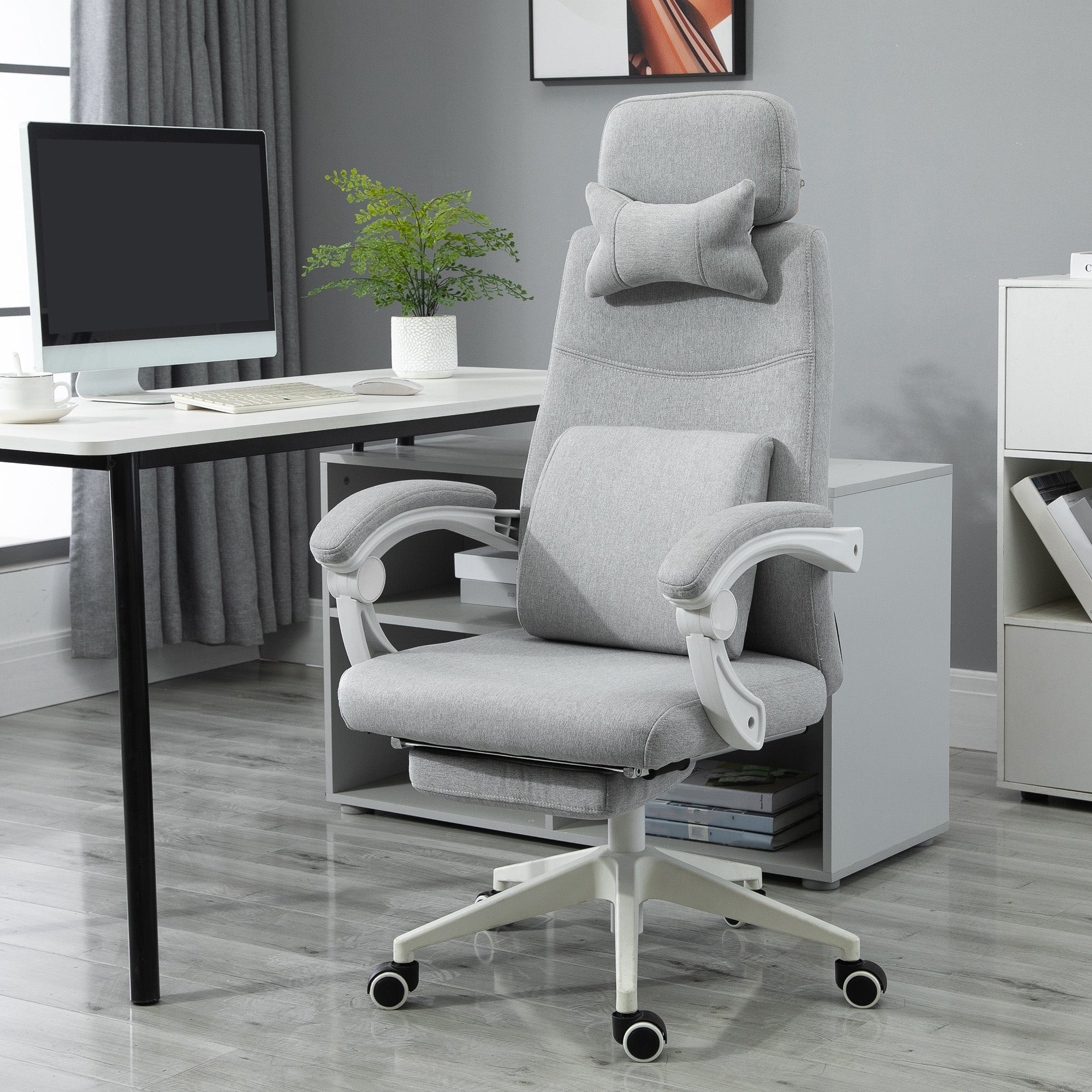 Vinsetto Office Chair, Ergonomic Desk Chair, High Back Fabric Work Chair with 160° Reclining Backrest, Retractable Footrest, Neck and Lumbar Pillow for Home and Study, Grey