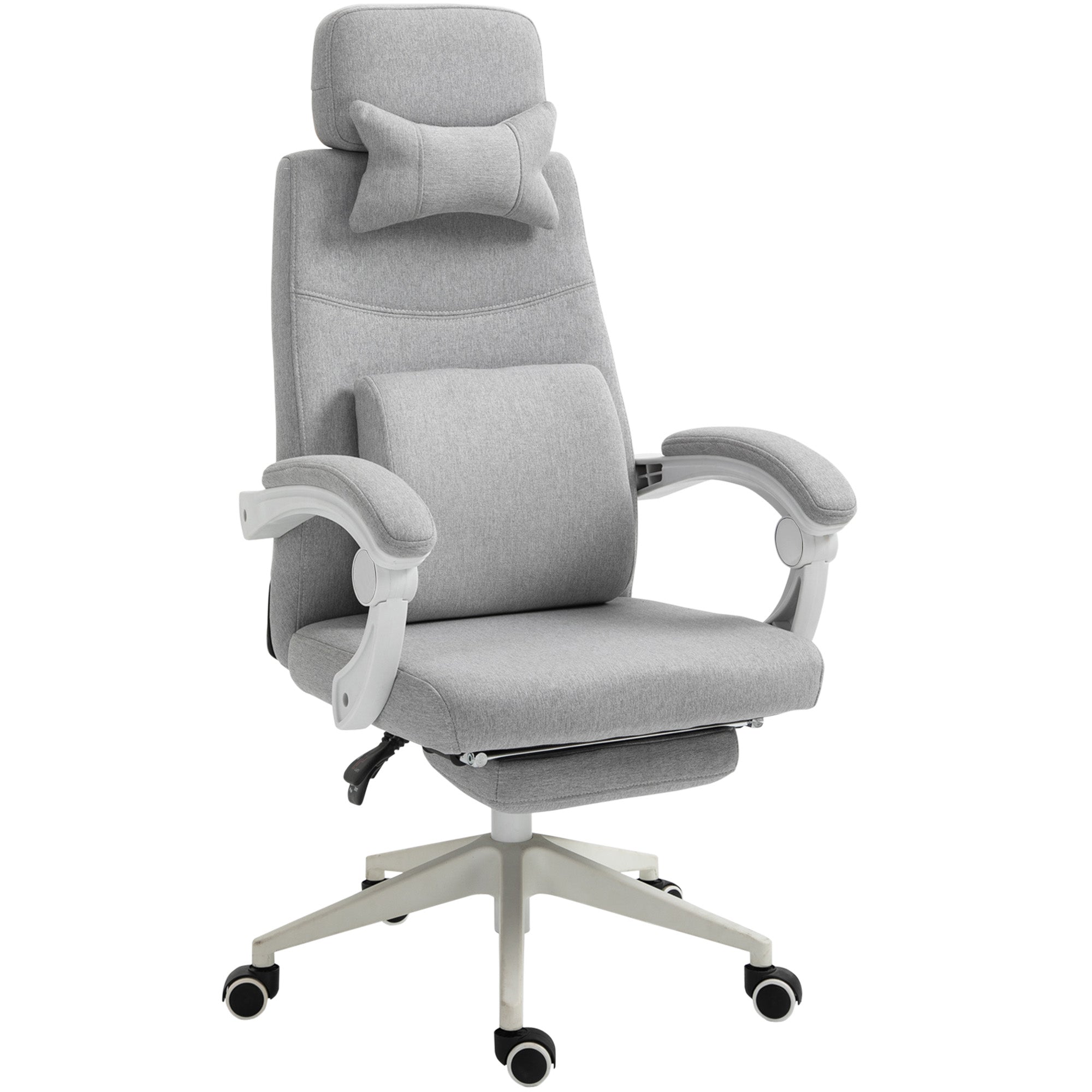 Vinsetto Office Chair, Ergonomic Desk Chair, High Back Fabric Work Chair with 160° Reclining Backrest, Retractable Footrest, Neck and Lumbar Pillow for Home and Study, Grey